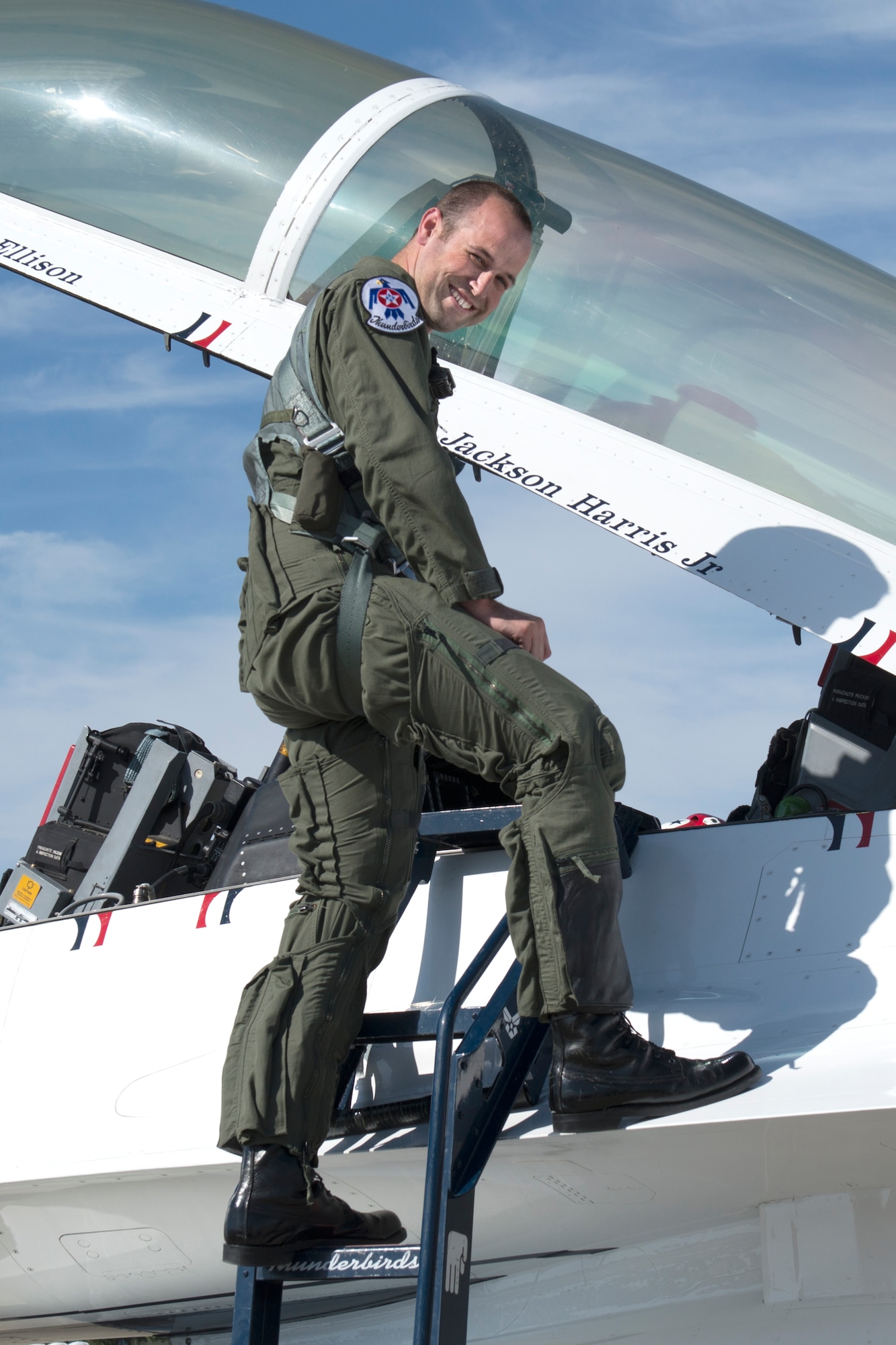 Jackson Harris, a Solano County sheriff’s deputy, poses for a photo after flying with the U.S. Air Force Thunderbirds as part of the “Hometown Hero” program May 1, at Travis Air Force Base, Calif. (U.S. Air Force photo by Heide Couch)