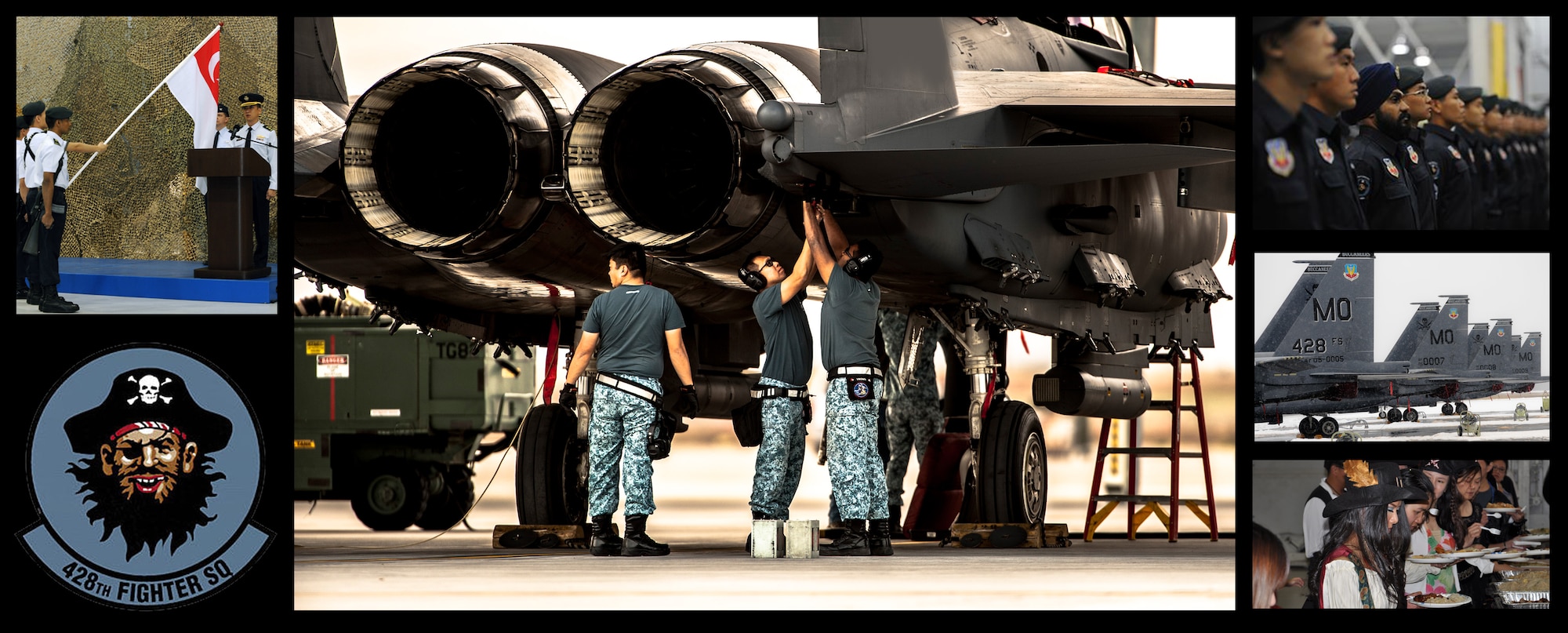 A photo collage portraying the U.S. and Republic of Singapore Air Forces partnership, called Peace Carvin V, an F-15SG Strike Eagle detachment called the 428th Fighter Squadron, or ‘The Buccaneers.’ Mountain Home Air Force Base, Idaho has proven to be the ideal location for the Buccaneers to train on the RSAF’s newest fighter platform, as the base controls and maintains almost 7,500 square miles of operational range space complete with emitter sites to simulate opposing forces. Access to airspace and ranges allows for realistic, safe training and testing, while providing flexibility to accommodate preparation for the allied nations – all culminating in world-class instruction. (U.S. Air Force photo illustration by Master Sgt. Kevin Wallace/RELEASED)