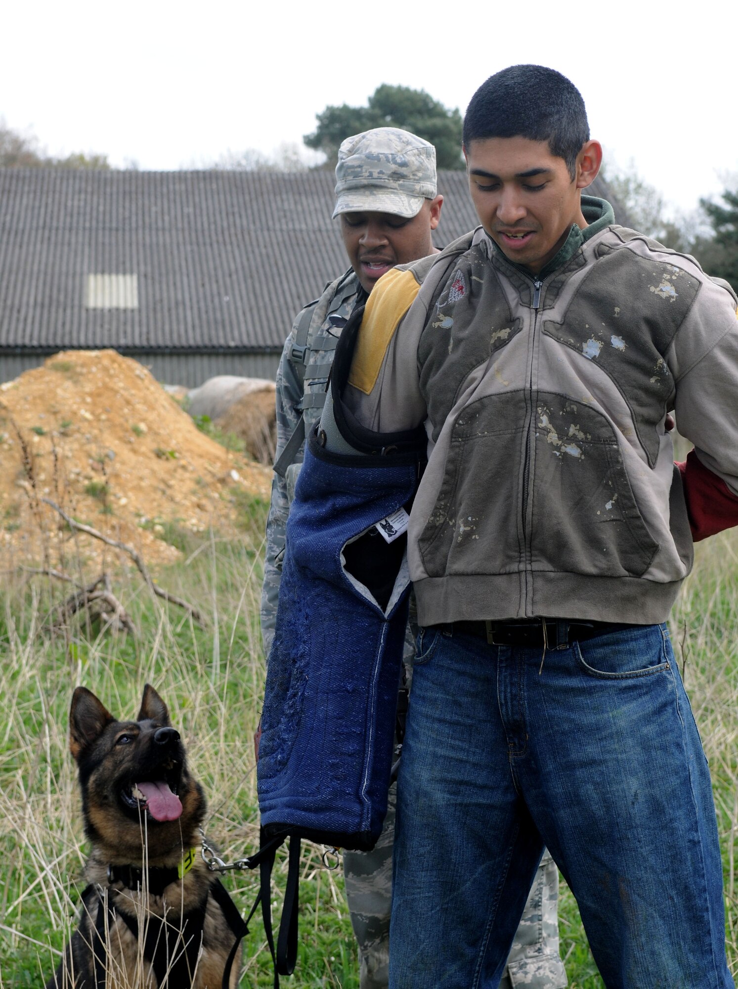 U.S. Air Force Staff Sgt. Matthew Clark, 100th Security Forces Squadron Military Working Dog handler, apprehends U.S. Air Force Senior Airman Gabriel Santiago, 100th SFS MWD handler, as MWD Gina keeps a close watch during a training exercise April 11, 2014, at Stanford Training Area near Thetford, England. The MWD teams conduct patrol training on a daily basis and incorporate a wide variety of stimuli to ensure the training is as realistic as possible. The MWD teams are instrumental in many areas because of their capability to provide defense for critical buildings and facilities and deliver a psychological deterrent. (U.S. Air Force photo by Senior Airman Kate Maurer/Released)