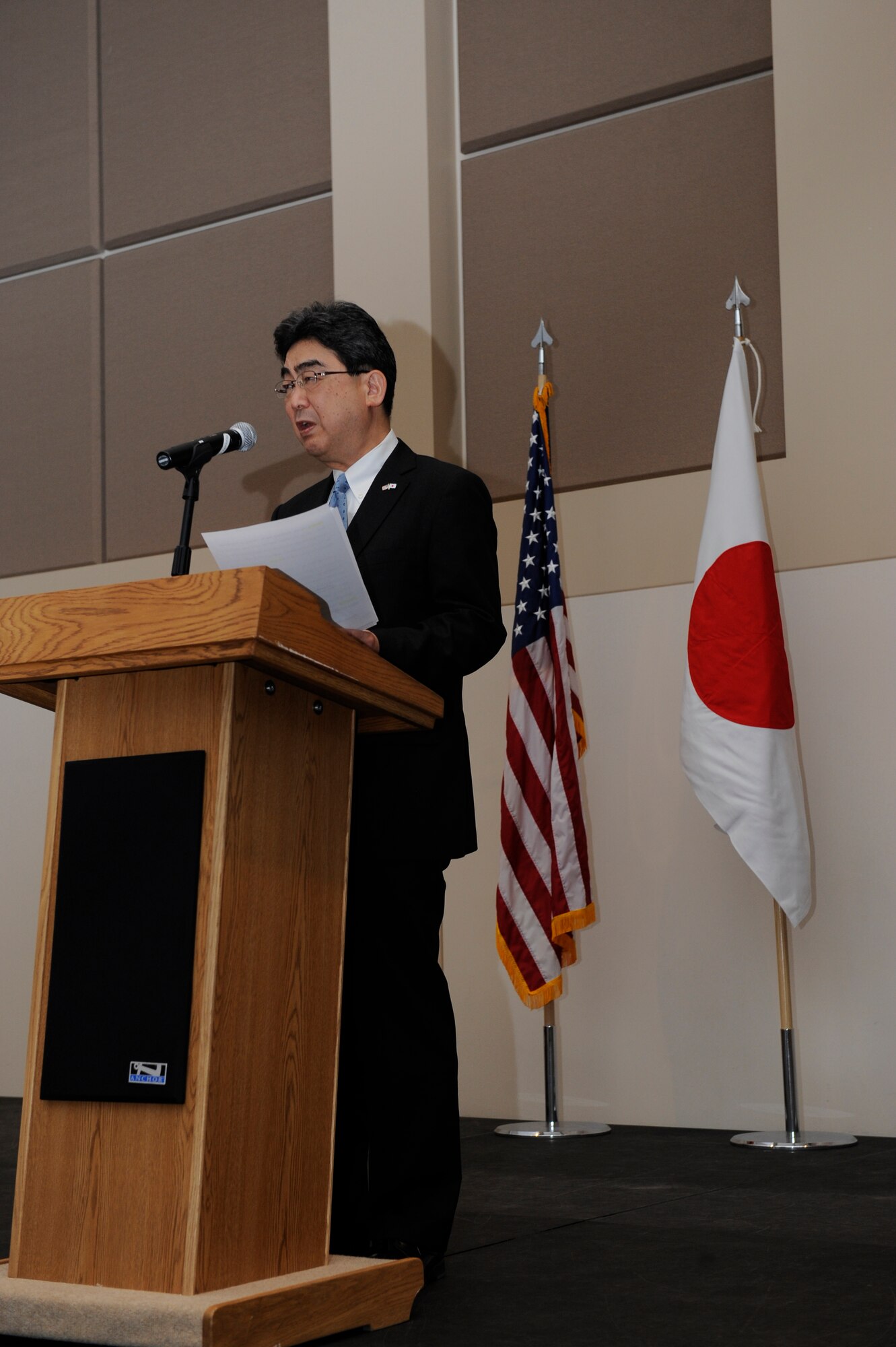 Denver’s Japanese Consul-General, Ikuhiko Ono, speaks during Buckley’s Asian-American Pacific Islander Heritage Month Celebration May 14, 2014, at the leadership development center on Buckley Air Force Base, Colo. The ceremony included a guest speaker, traditional pacific island and Asian food samples, and dances performed by the Polynesian dance troupe, Halau Kalama. (U.S. Air Force photo by Airman 1st Class Samantha Saulsbury/Released)