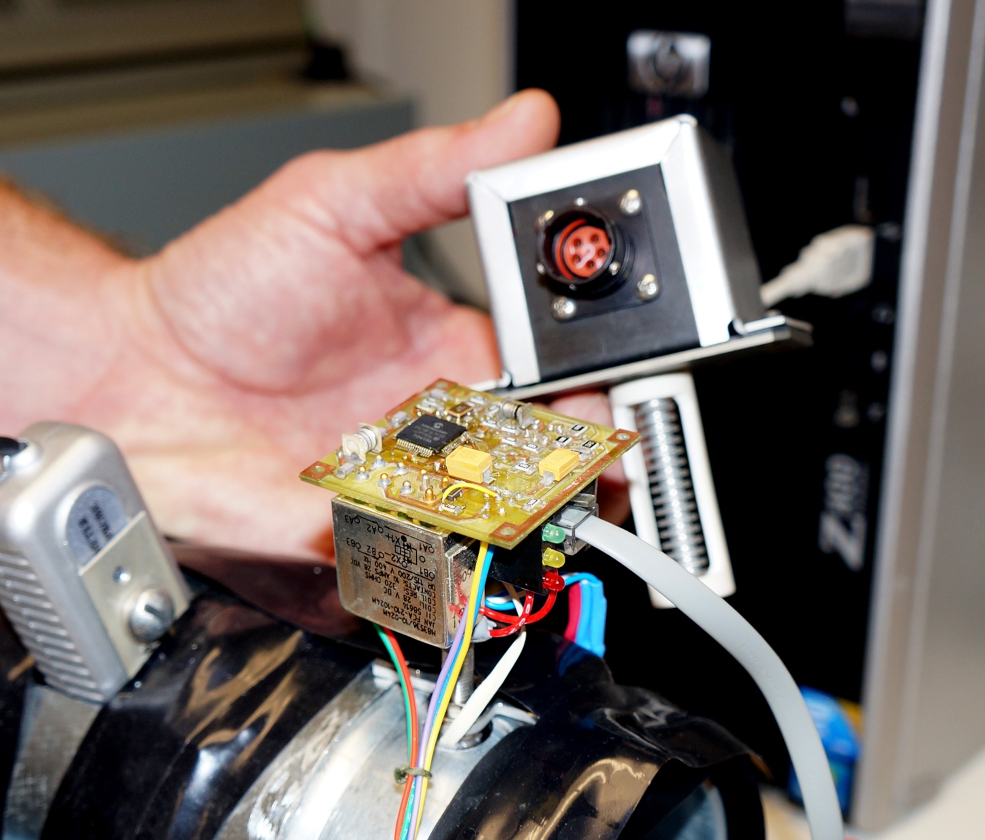 A close-up look at part of a cooling effects detector redesign project currently being performed by the Reverse Engineering team.. (U.S. Air Force photo by Ed Aspera)