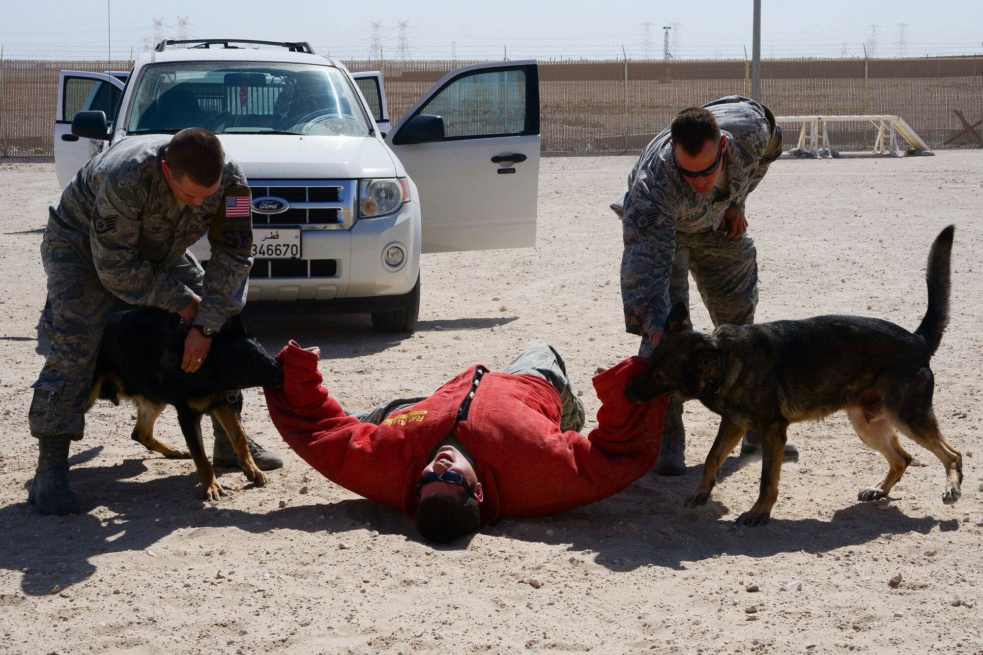 U.S. Air Force Staff Sgts Nicholas Lewis, left, and Brian Judkins 379th Expeditionary Security Forces Squadron military working dog handlers, complete a double dog aggression of a suspect during a K-9 demonstration during National Police Week at Al Udeid Air Base, Qatar, May 16, 2014.  The demonstration is a means to showcase the MWD techniques.  Lewis is deployed from Dover Air Force Base, Delaware and hails from Galeton, Pennsylvania, and Judkins is deployed from Robins Air Force Base and hails from Buffalo, New York.  (U.S. Air Force photo by Master Sgt. Marcelo Joniaux)