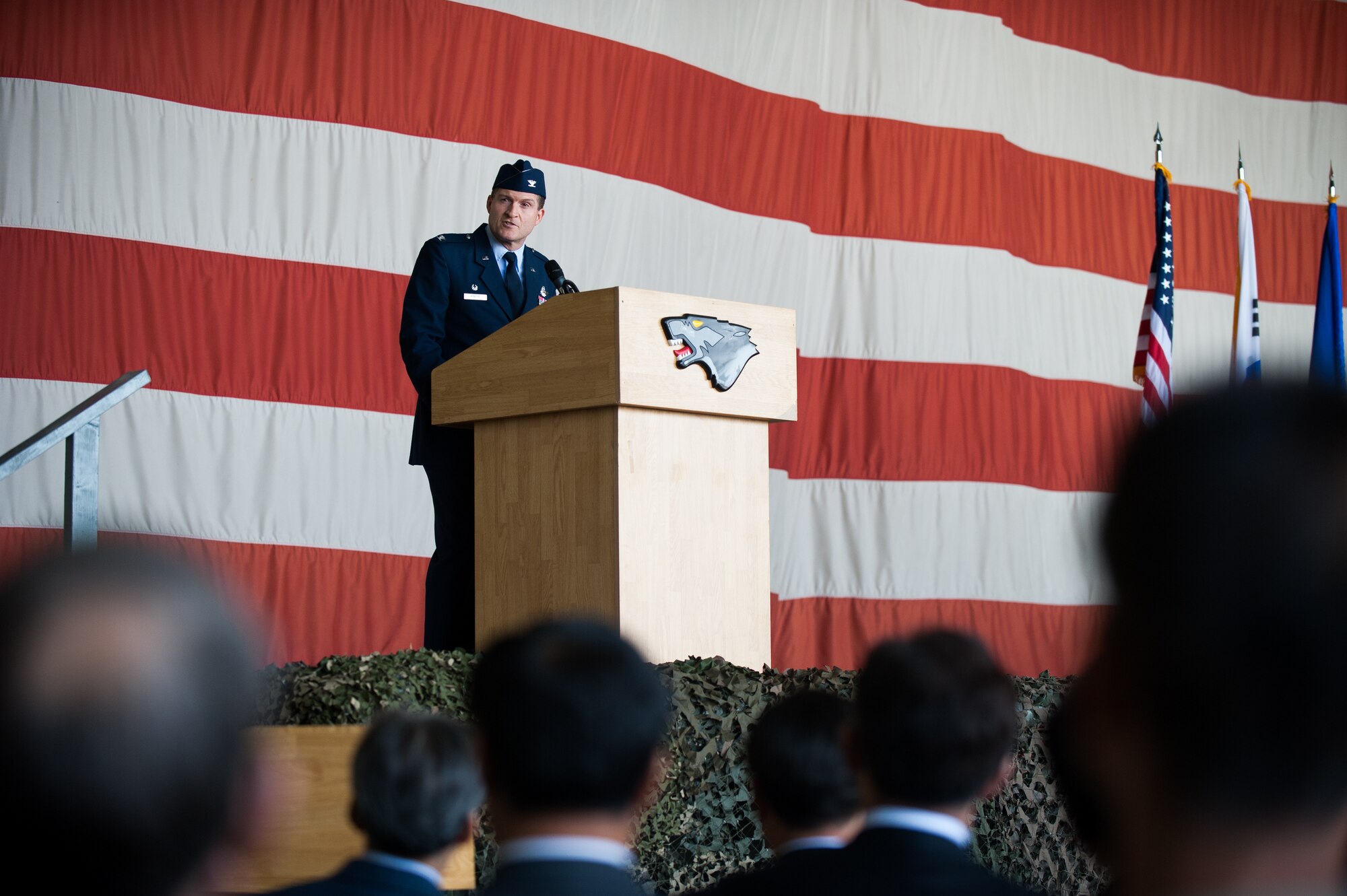 Col. S. Clinton Hinote, outgoing commander, speaks during the 8th Fighter Wing change of command ceremony at Kunsan Air Base, Republic of Korea, May 16, 2014. Hinote relinquished command to Col. Kenneth Ekman. (U.S. Air Force photo by Staff Sgt. Clayton Lenhardt/Released)