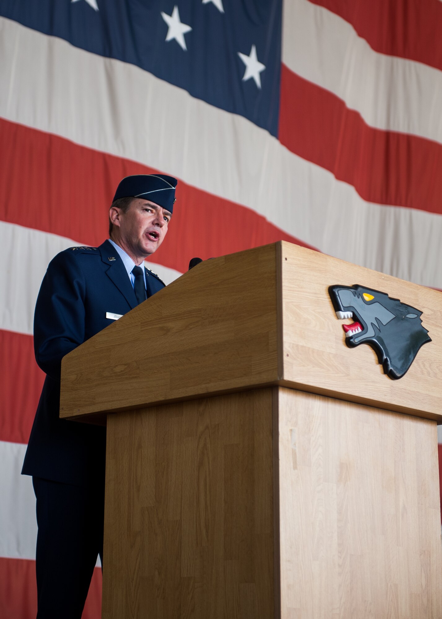Lt. Gen. Jan-Marc Jouas, Republic of Korea and U. S. Combined Forces Command, Air Component Command commander, speaks during the 8th Fighter Wing change of command ceremony at Kunsan Air Base, Republic of Korea, May 16, 2014. Col. S. Clinton Hinote relinquished command to Col. Kenneth Ekman. (U.S. Air Force photo by Staff Sgt. Clayton Lenhardt/Released)