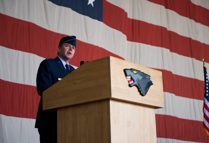 Lt. Gen. Jan-Marc Jouas, Republic of Korea and U. S. Combined Forces Command, Air Component Command commander, speaks during the 8th Fighter Wing change of command ceremony at Kunsan Air Base, Republic of Korea, May 16, 2014. Col. S. Clinton Hinote relinquished command to Col. Kenneth Ekman. (U.S. Air Force photo by Staff Sgt. Clayton Lenhardt/Released)
