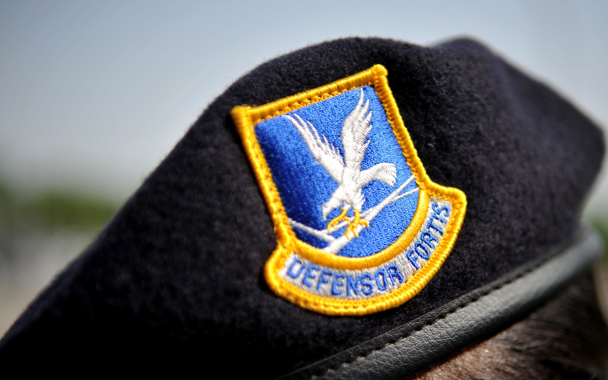 The “defensor fortis” flash stands out against the blue beret of Senior Master Sgt. Roelma Wood, 51st Security Forces Squadron, during the Police Week retreat ceremony at Osan Air Base, Republic of Korea, May 16, 2014. “Defensor fortis” is Latin for “defenders of the force.” (U.S. Air Force photo/Airman 1st Class Ashley J. Thum)