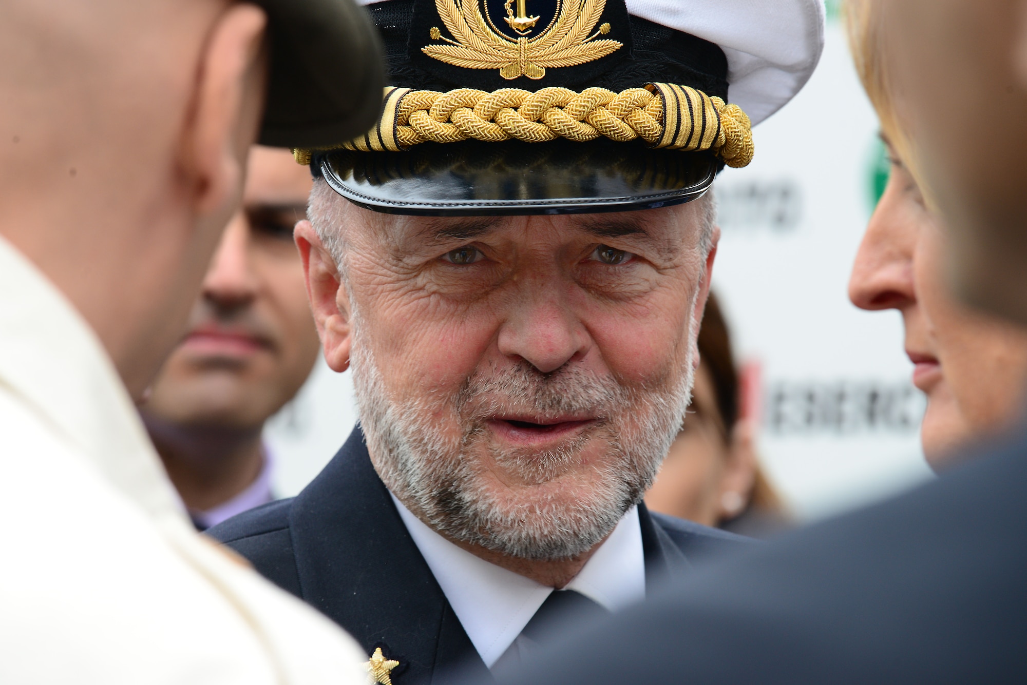 Italian Chief of Defense and navy Adm. Luigi Binelli Mantelli, speaks to reporters during the 87th annual gathering of the Alpini soldiers, May 11, 2014, in downtown Pordenone, Italy. Italian Prime Minister Matteo Renzi, Italian Defense Minister Roberta Pinotti and Brig. Gen. Jon A. Norman, 31st Fighter Wing commander, were among those in attendance during the parade. (U.S. Air Force photo/Airman 1st Class Ryan Conroy)  