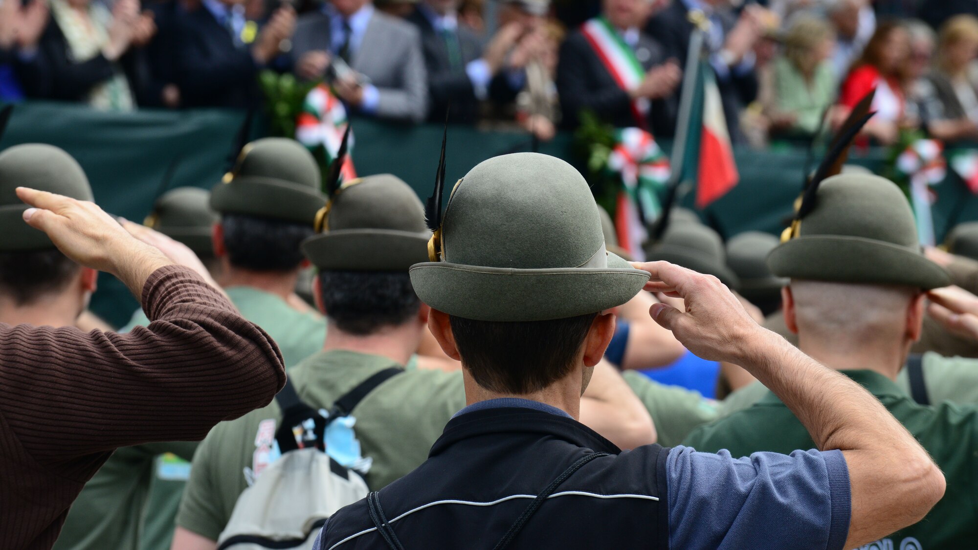Formations of Alpini mountain soliders salute during pass and review for the 2014 Alpini parade, May 11, 2014, in downtown Pordenone, Italy. The Alpini are widely recognized throughout Italy by their unique green hats accompanied by a single black, white or brown feather distinguishing varying degrees of rank. (U.S. Air Force photo/Airman 1st Class Ryan Conroy) 