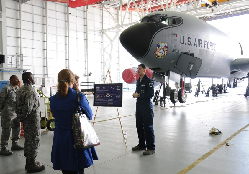 U.S. Air Force Staff Sgt. Michael Bouvier, right, 100th Aircraft Maintenance Squadron dedicated flying crew chief from Paris, speaks with The Honorable Jessica Wright, acting undersecretary of defense for personnel and readiness, May 14, 2014, on RAF Mildenhall, England. Wright toured the base with Team Mildenhall leadership and met Airmen who told her about their careers. Prior to this assignment, she also served as the deputy adjutant general for the Pennsylvania Army National Guard. (U.S. Air Force photo by Gina Randall/Released) 