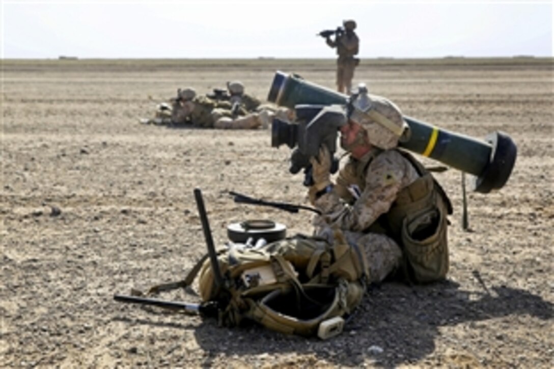 U.S. Marine Corps Cpl. Timothy Antolini provides security with an FGM-148 Javelin anti-tank missile in Afghanistan's Helmand province, May 2, 2014. Antolini, an anti-tank missileman, is assigned to Weapons Company, 1st Battalion, 7th Marine Regiment.