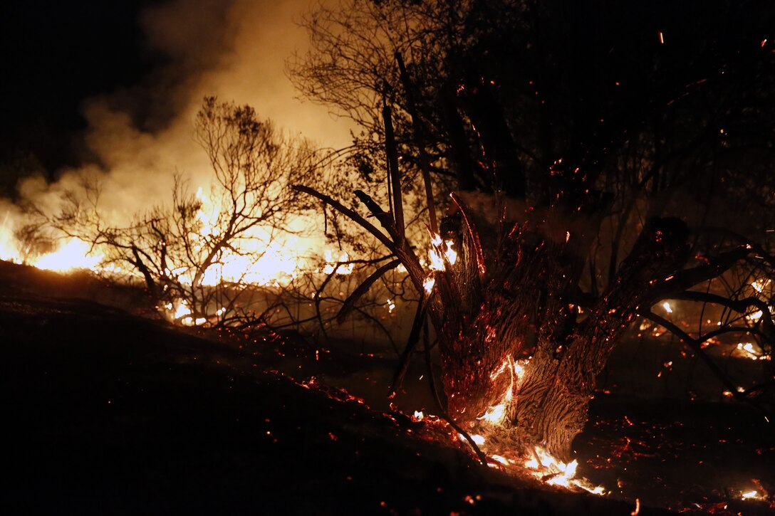 The School of Infantry-West (52 Area) evacuation order has been lifted. All personnel can return via the I-5 and Basilone Rd. gate to the 52 Area.

The San Mateo Fire (Combat Fire) that was reported at 11:24 a.m. Friday has burned 1,000 acres and is currently listed as 25% contained. The Las Pulgas fire first reported at 3:15 p.m. Thursday has burned 15,000 acres and is listed at 40% containment.  The Tomahawk fire that started Wednesday on Naval Weapons Station Fallbrook is currently listed at 6,500 acres burned and 75% containment.

Evacuation orders for Camp San Mateo (62 Area), Camp Las Pulgas (43 Area), Camp Las Flores (41 Area), Camp Margarita (33 Area), Marine Air Support Squadron 3 (32 Area) and Camp Vado Del Rio (25 Area) remain in effect.

Road Closures:

The Las Pulgas gate and Las Pulgas Road remain closed to all traffic except emergency vehicles.

The Christianitos Gate is closed to all traffic except emergency vehicles.

The San Mateo Road between Camp San Mateo and Camp San Onofre is closed.

The Naval Weapons Station Fallbrook gate and Ammunition Road remain closed.

Basilone Road from Marine Corps Air Station Camp Pendleton to Camp Horno remains closed.

Stuart Mesa Road north of Assault Craft Unit-5 to the Las Pulgas Gate remains closed.

The causes of the fires are under investigation.
