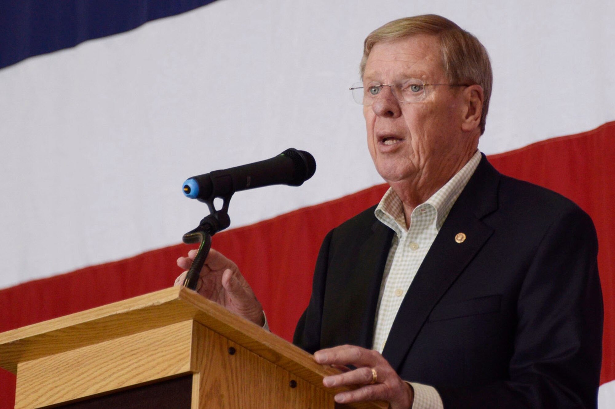 U.S. Sen. Johnny Isakson speaks about the application experience undertaken by those interested in becoming an academy cadet during the 2014 Georgia Congressional Delegation Academy Day held at Dobbins Air Reserve Base, Ga., May 17. (U.S. Air Force photo/Don Peek)