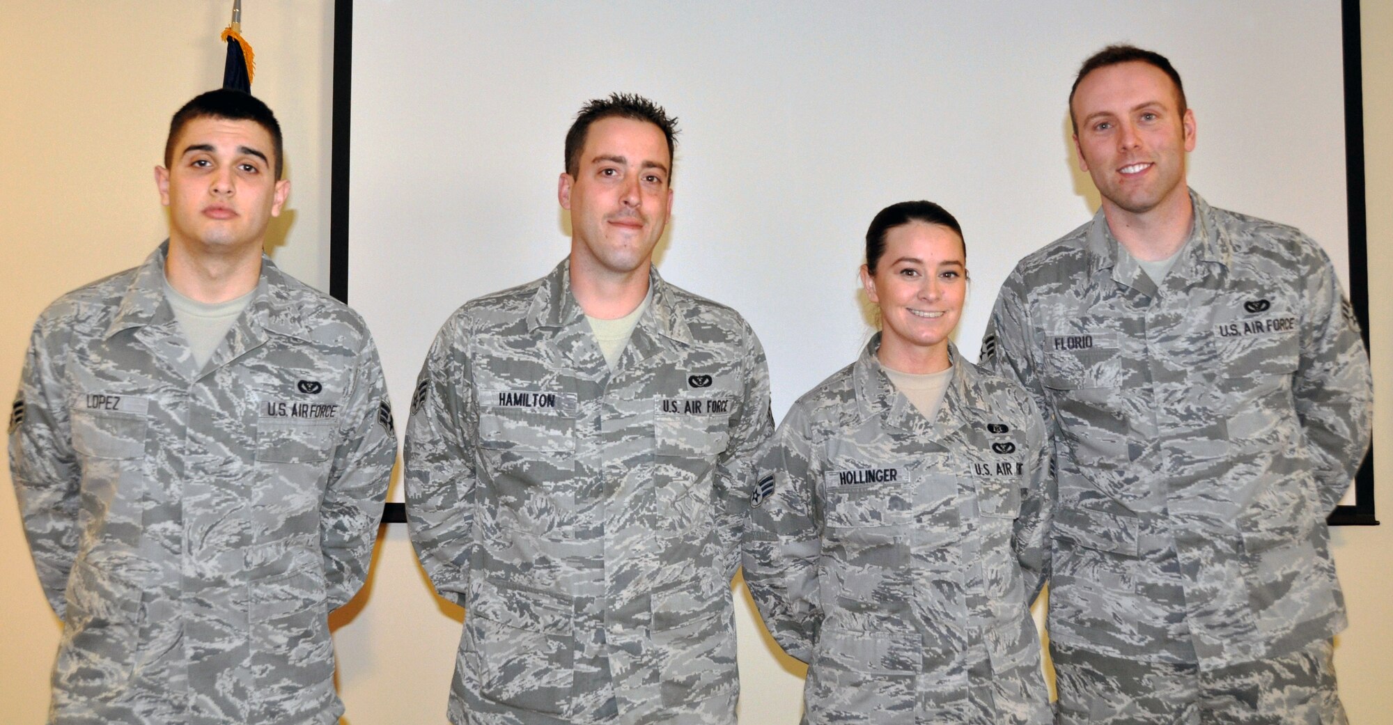514th Airman’s Council board members (from left to right) include Senior Airmen Anthony Lopez, secretary, Robert Hamilton, treasurer, Rachel Hollinger, president, and Daniel Florio, vice president. Since April 2013, the Airmen’s Council has been open to lower-enlisted Airmen of the 514th Civil Engineering Squadron, but plans are underway to expand membership wing-wide. The program aims to instill Air Force core values, promote good character, offer volunteer opportunities, and encourage professional military education and increased presence in unit activities (U.S. Air Force photo/Senior Airman Chelsea Smith).