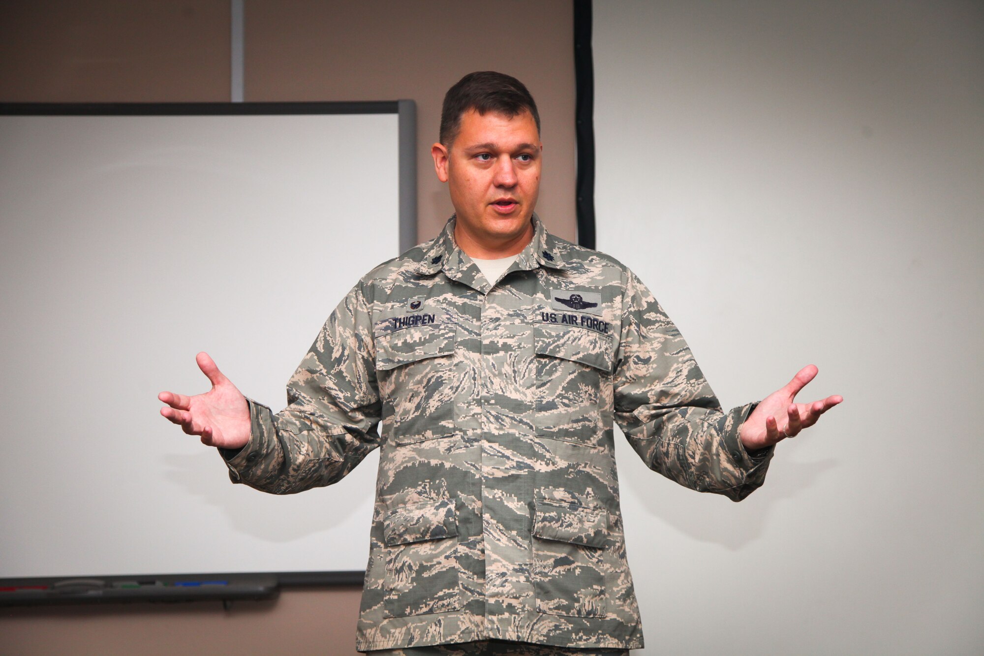 Lt. Col. Lamar Thigpen, the 315th Airlift Control Flight commander here at Joint Base Charleston, S.C., address the awards ceremony attendees after receiving the Air Force Reserve Command ALCF of the Year award today, in a ceremony in the Yonkie Auditorium here. The ALCF received the award for top performance among ALCF's in 2013. (Photos by Staff Sgt. Rashard Coaxum/released)
