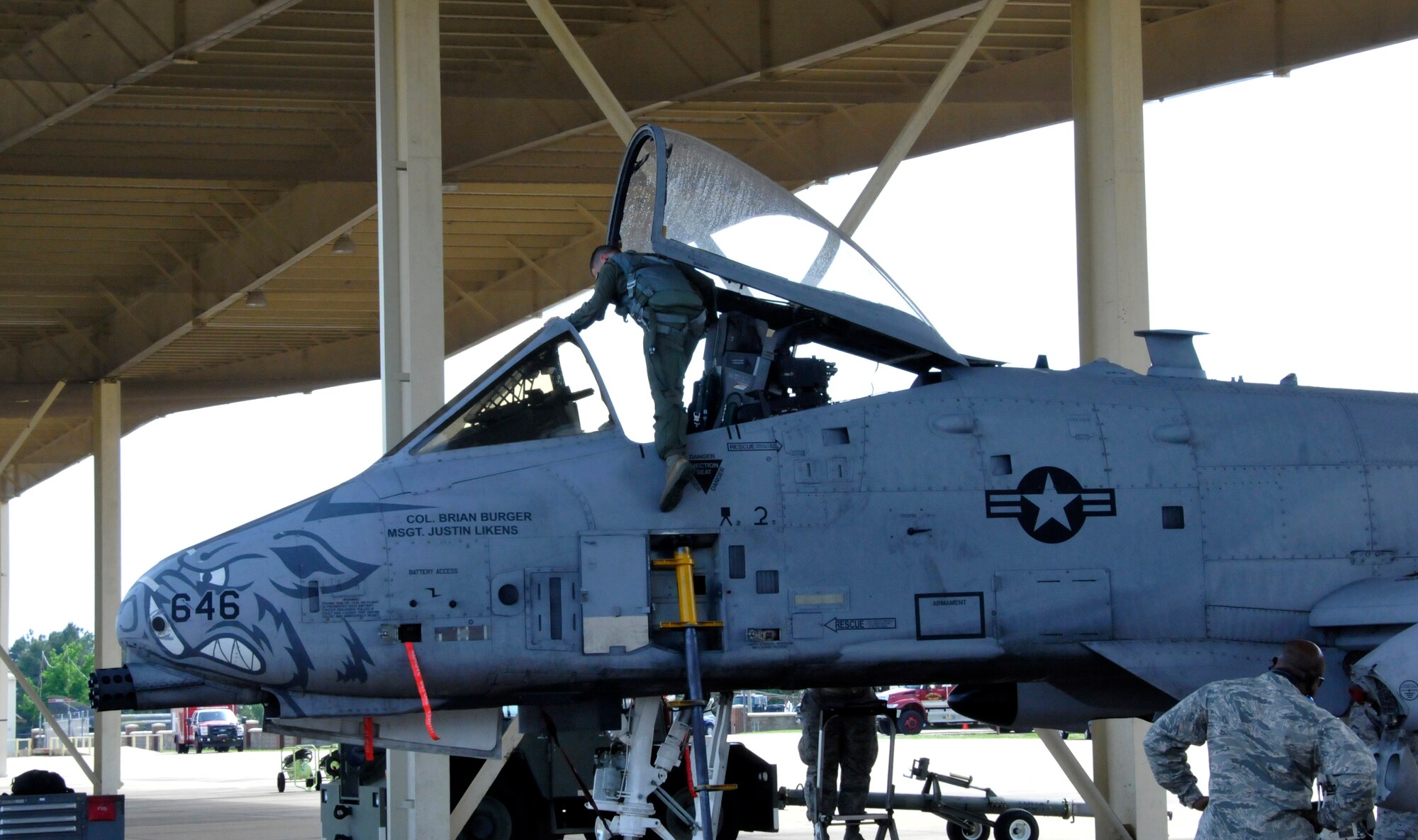 Lt. Col. Marty Dahlem, 188th Operations Support Squadron commander, climbs out of an A-10C Thunderbolt II “Warthog” May 16 at Ebbing Air National Guard Base, Fort Smith, Arkansas. Dahlem and Maj. Doug Davis, 188th Detachment 1 commander, performed the 188th’s final A-10 training mission. (U.S. Air National Guard photo by Tech Sgt. Josh Lewis/released)