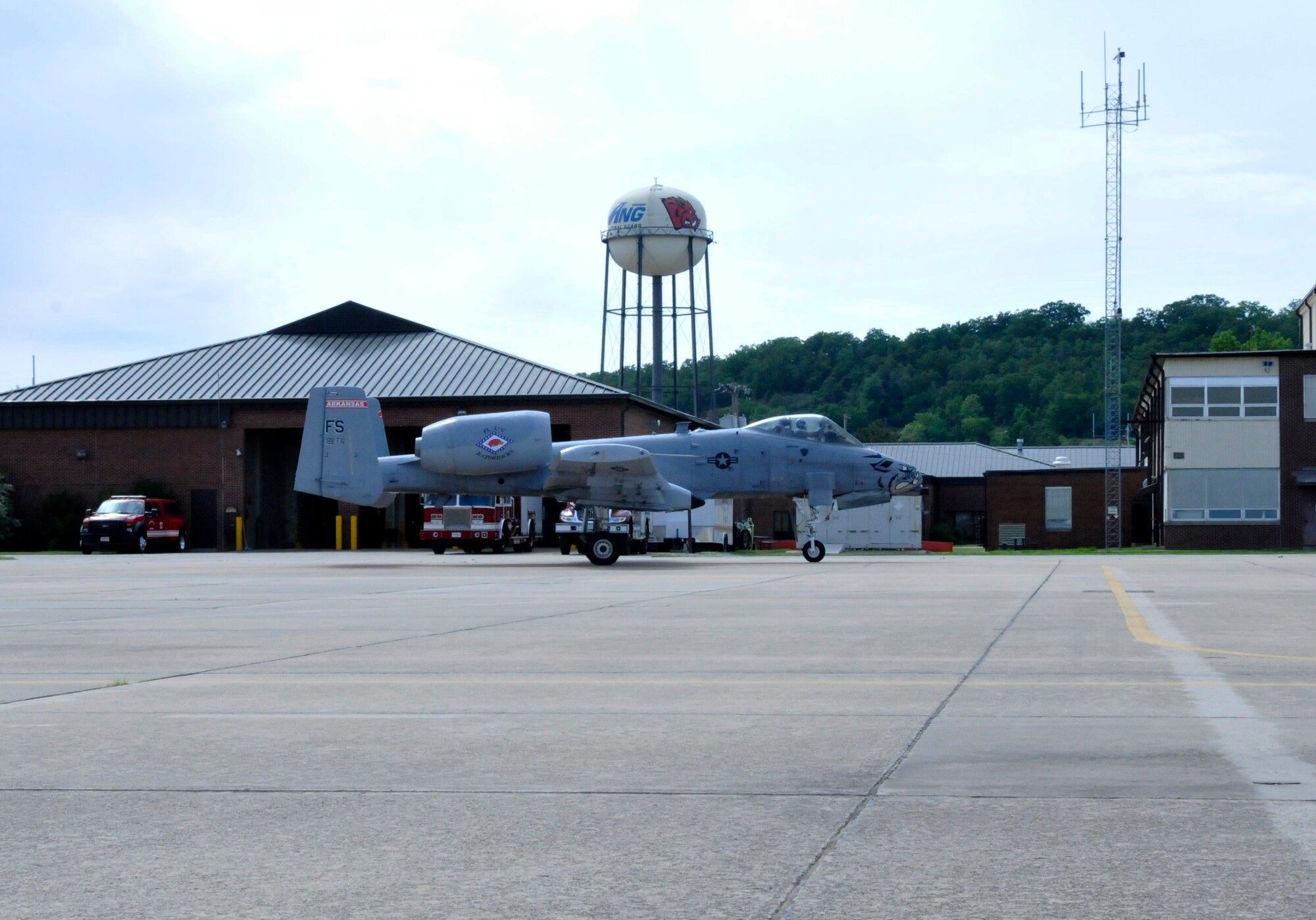 Lt. Col. Marty Dahlem, 188th Operations Support Squadron commander, taxies on the ramp after flying the 188th Fighter Wing’s final A-10C Thunderbolt II “Warthog” training mission alongside Maj. Doug Davis, 188th Detachment 1 commander, May 16, 2014, at Ebbing Air National Guard Base, Fort Smith, Arkansas. (U.S. Air National Guard photo by Tech Sgt. Josh Lewis/released)