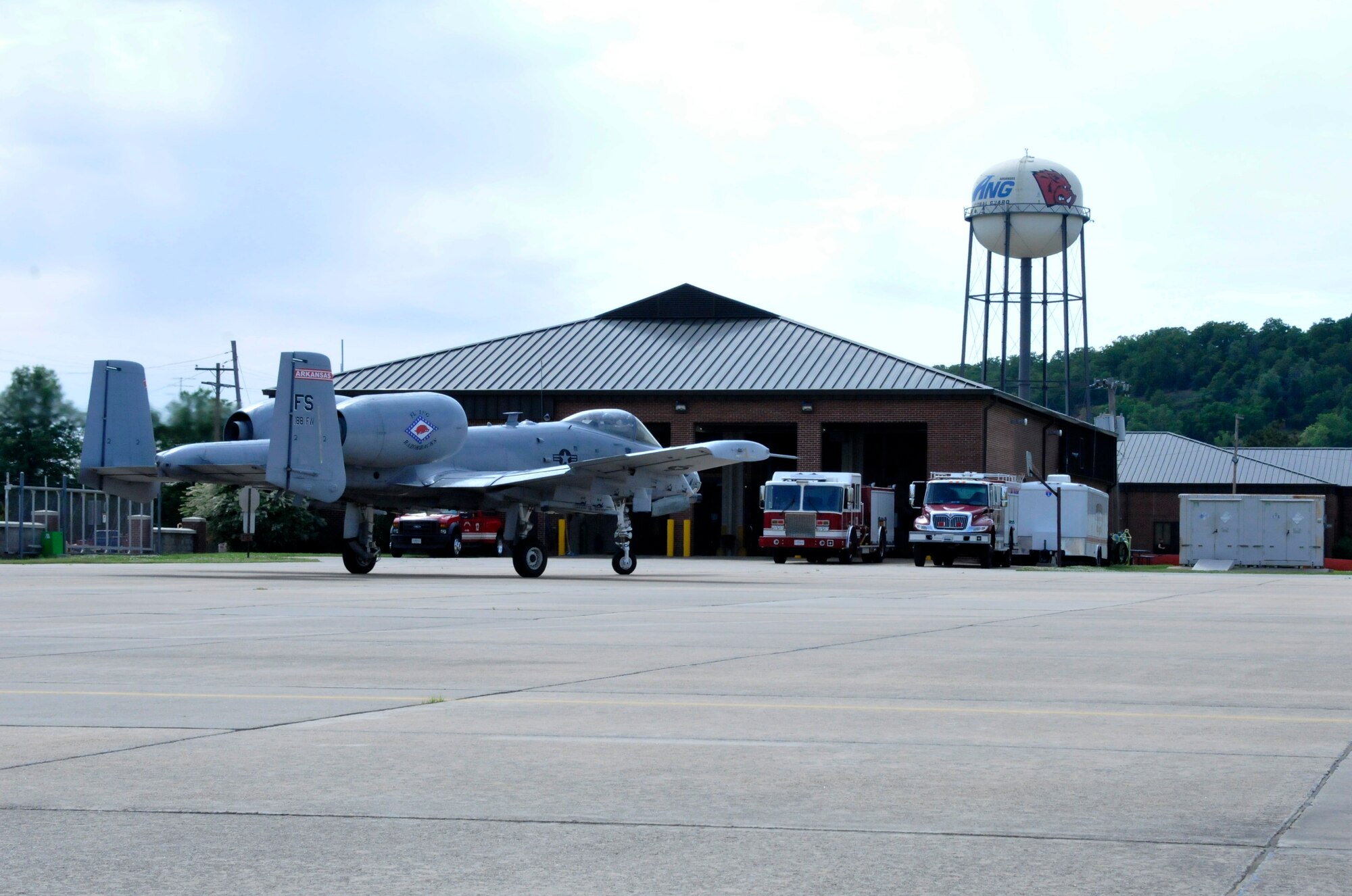 Lt. Col. Marty Dahlem, 188th Operations Support Squadron commander, taxies on the ramp after flying the 188th Fighter Wing’s final A-10C Thunderbolt II “Warthog” training mission alongside Maj. Doug Davis, 188th Detachment 1 commander, May 16, 2014, at Ebbing Air National Guard Base, Fort Smith, Arkansas. (U.S. Air National Guard photo by Tech Sgt. Josh Lewis/released)