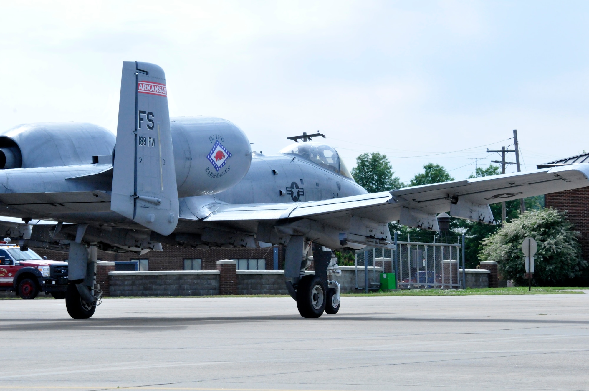 Lt. Col. Marty Dahlem, 188th Operations Support Squadron commander, taxies on the ramp after flying the 188th Fighter Wing’s final A-10C Thunderbolt II “Warthog” training mission alongside Maj. Doug Davis, 188th Detachment 1 commander, May 16, 2014, at Ebbing Air National Guard Base, Fort Smith, Arkansas. (U.S. Air National Guard photo by Tech Sgt. Josh Lewis/released)