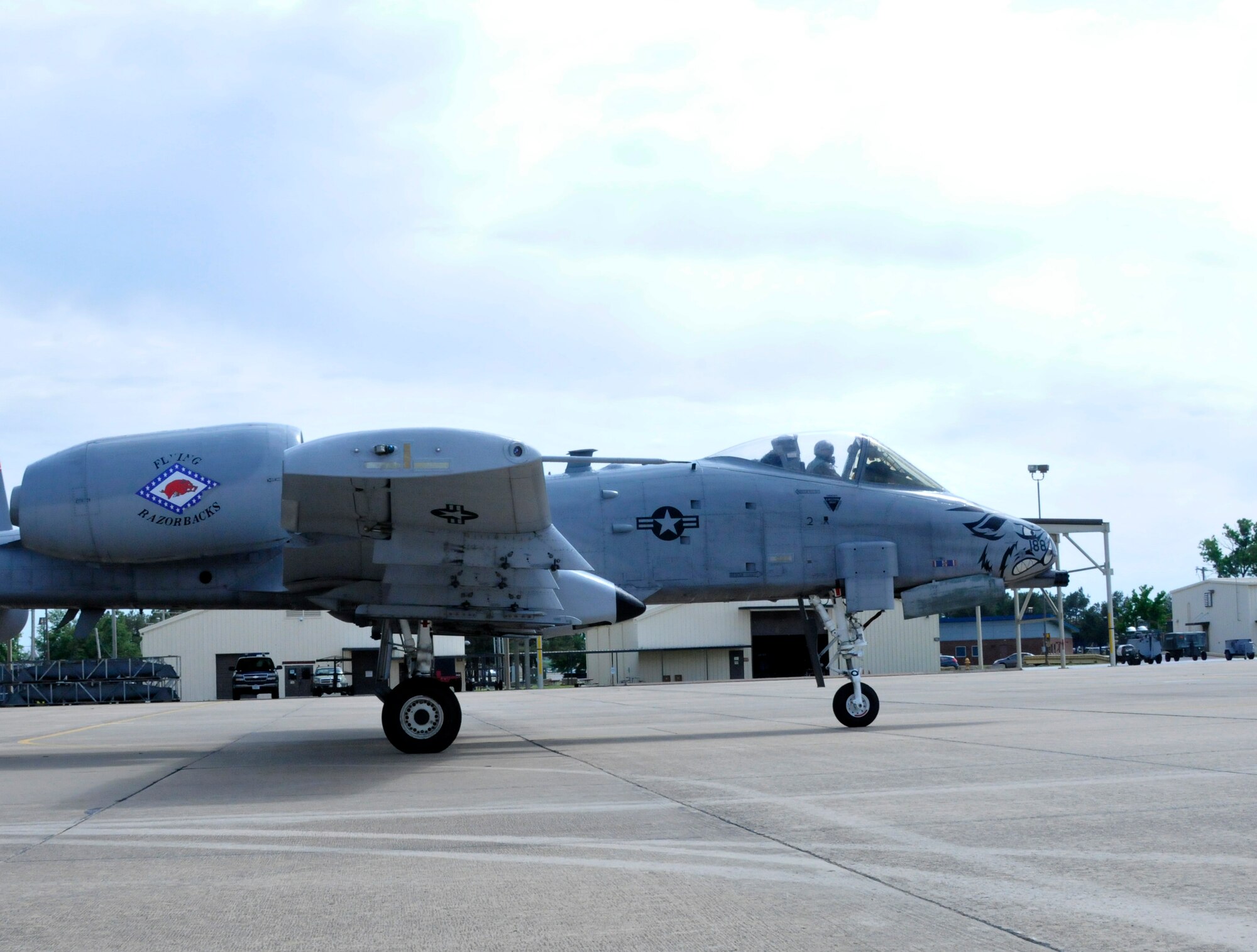 Lt. Col. Marty Dahlem, 188th Operations Support Squadron commander, taxies on the ramp after flying the 188th Fighter Wing’s final A-10C Thunderbolt II “Warthog” training mission alongside Maj. Doug Davis, 188th Detachment 1 commander, May 16, 2014, at Ebbing Air National Guard Base, Fort Smith, Arkansas. (U.S. Air National Guard photo by Tech Sgt. Josh Lewis/released)
