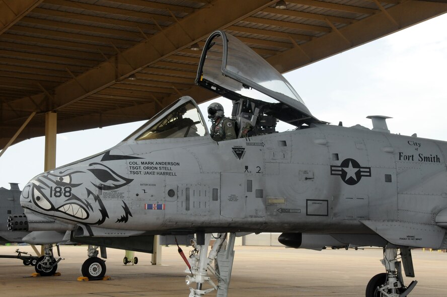 Lt. Col. Marty Dahlem, 188th Operations Support Squadron commander, prepares to taxi May 16, 2014, at Ebbing Air National Guard Base, Fort Smith, Arkansas. Dahlem and Maj. Doug Davis, 188th Detachment 1 commander, performed the 188th’s final A-10 Thunderbolt II “Warthog” training mission. (U.S. Air National Guard photo by Maj. Heath Allen/released)