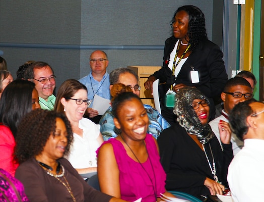 Kwana Anthony, USACE South Atlantic Division Sexual Assault Response Coordinator, keeps some of the Huntsville Center workforce involved during an annual Sexual Harassment/Assault Response Prevention training session in May.  