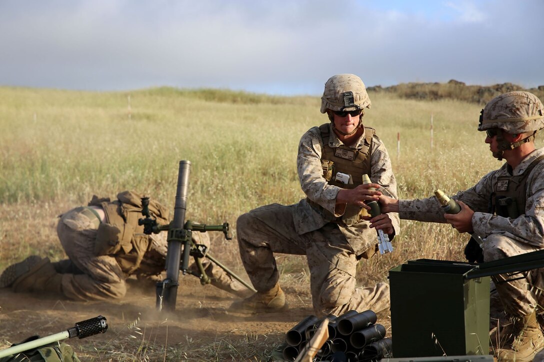 Marines with Fox Company, Battalion Landing Team 2nd Battalion, 1st Marines (BLT 2/1), 11th Marine Expeditionary Unit, employ the M224A1 60mm mortar system during Composite Training Unit Exercise (COMPTUEX) aboard Camp Pendleton, Calif., May 10. COMPTUEX is the second at-sea event in the 11th MEU and Makin Island Amphibious Ready Group joint predeployment training program, during which they will refine mission-related operations and blue-green communication. (U.S. Marine Corps photo by Sgt. Melissa Wenger/Released)