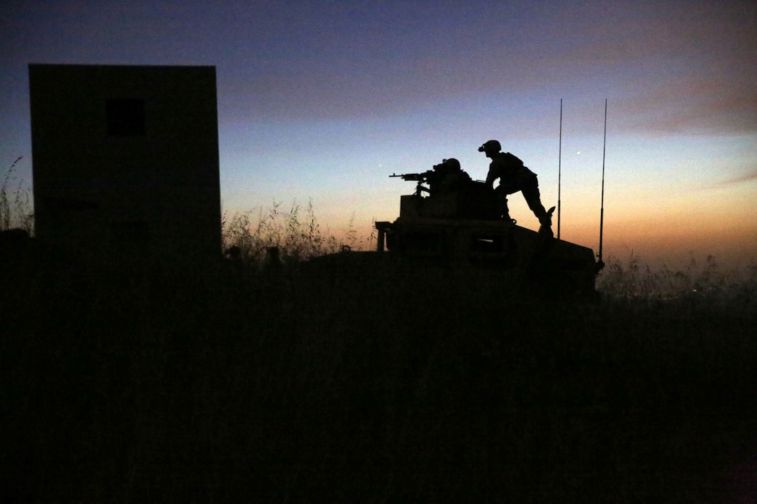 Marines with the Battalion Landing Team 2nd Battalion, 1st Marines (BLT 2/1), 11th Marine Expeditionary Unit, fire the M240G medium machine gun from a High-Mobility Multipurpose Wheeled Vehicle (HMMWV) during Composite Training Unit Exercise (COMPTUEX) aboard Camp Pendleton, Calif., May 10. COMPTUEX is the second at-sea event in the 11th MEU and Makin Island Amphibious Ready Group joint predeployment training program, during which they will refine mission-related operations and blue-green communication. (U.S. Marine Corps photo by Sgt. Melissa Wenger/Released)