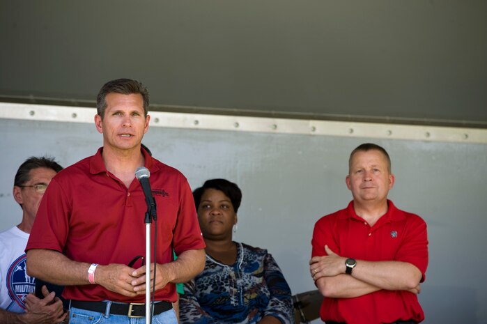 U.S. Air Force Col. Barry Cornish, 99th Air Base Wing commander, speaks to active duty military members, retirees and civilians during the Nellis, Creech and Military Veterans Appreciation Day at Craig Ranch Park May 17, 2014, in North Las Vegas. Approximately 8,000 people attended the inaugural event. (U.S. Air Force photo by Senior Airman Christopher Tam)