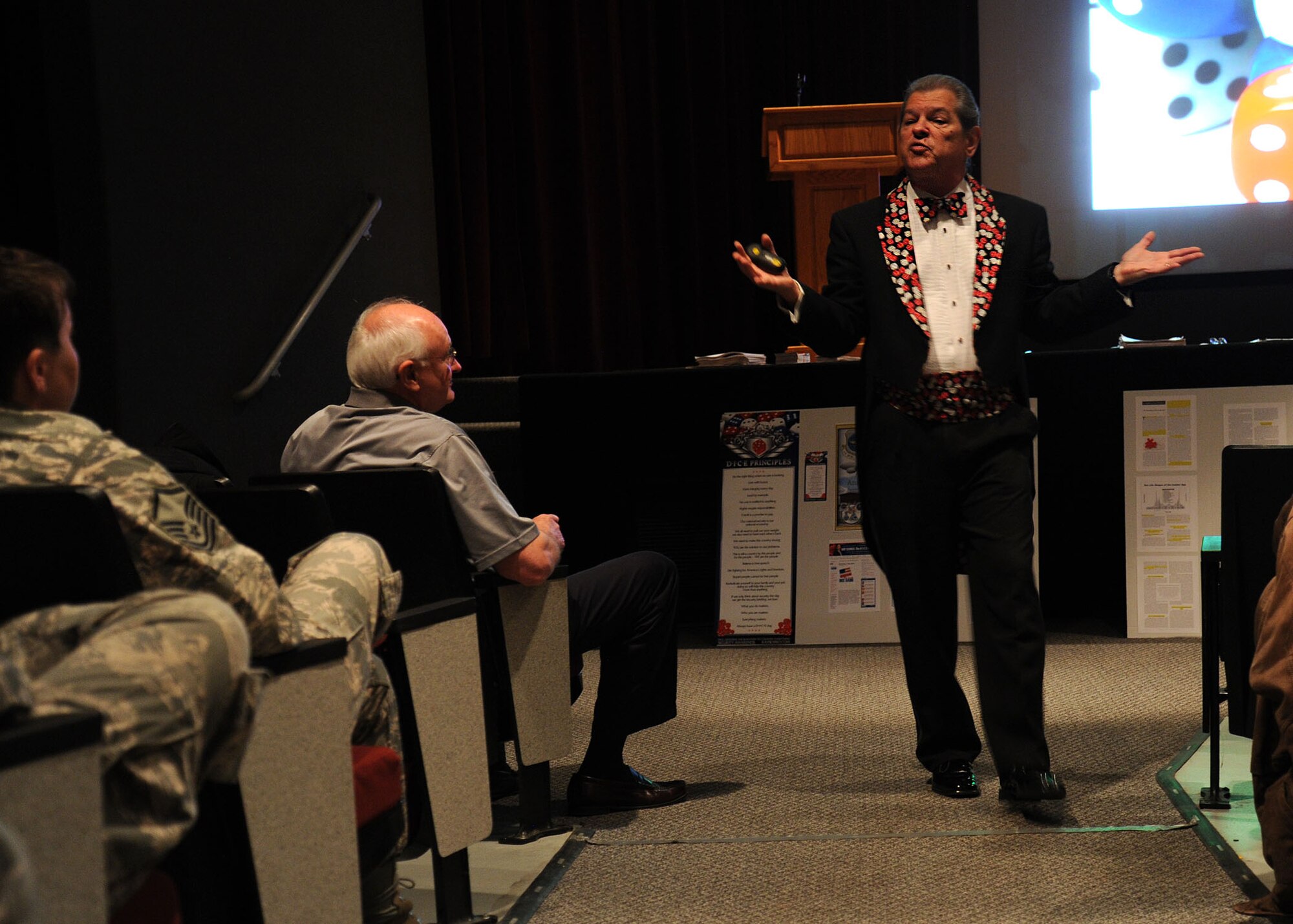 Ray Semko, a security educator and a professional public speaker, speaks with Team Fairchild during the Operations Security and Islamic Literalism presentations at Fairchild Air Force Base, Wash., May 19, 2014. The briefing talked about how to increase security awareness from threats such as espionage and the recruitment of spies, economic espionage from competitors or foreign countries, terrorism and domestic threats to homeland security and more. (U.S. Air Force photo by Airman 1st Class Janelle Patiño/Released)