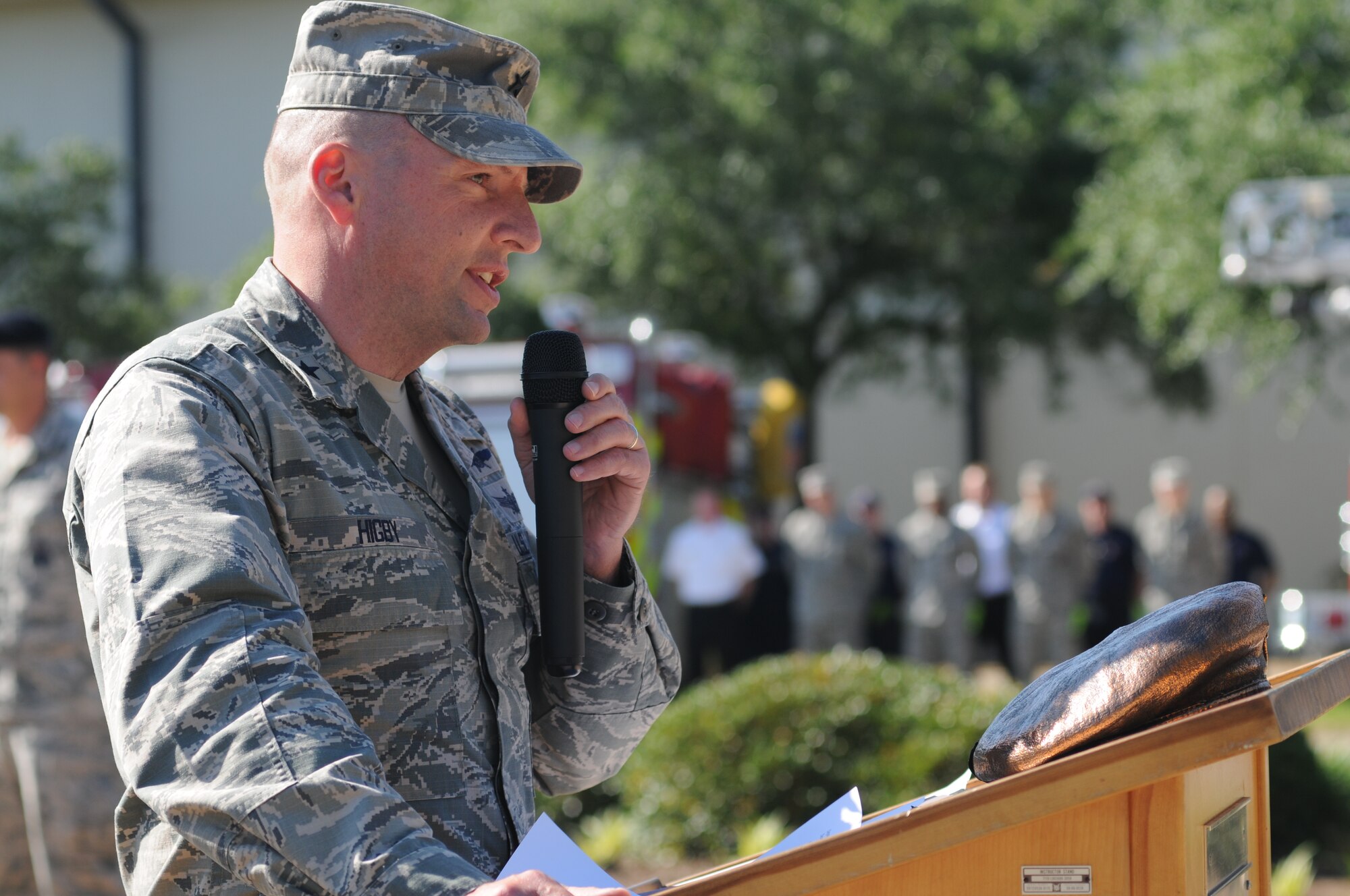 Brig. Gen. Patrick Higby, 81st Training Wing commander, makes remarks during a retreat ceremony hosted by the 81st Security Forces Squadron May 15, 2014, at Keesler Air Force Base, Miss.  The retreat ceremony was held in memory of all law enforcement officers in the State of Mississippi, Air Force Officers of Special Investigations and 81st SFS members who have lost their lives in the line of duty over the past year.  (U.S. Air Force photo by Kemberly Groue)