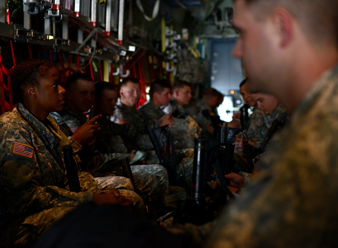 Approximately 150 U.S. Army Soldiers from the 173rd Infantry Brigade Combat Team, Airborne, out of Vicenza, Italy, depart from Aviano Air Base, Italy, April 28, 2014. The Soldiers will conduct joint NATO training, a first in a series of expanded U.S. land force training activities in Poland, Lithuania, Latvia and Estonia, scheduled for the next few months. (U.S. Air Force photo Staff Sgt. R.J. Biermann/Released)

