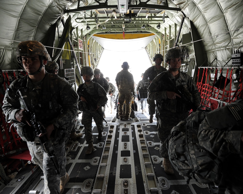 Approximately 150 U.S. Army Soldiers from the 173rd Infantry Brigade Combat Team, Airborne, out of Vicenza, Italy, depart from Aviano Air Base, Italy, April 28, 2014.The Soldiers will conduct joint NATO training, a first in a series of expanded U.S. land force training activities in Poland, Lithuania, Latvia and Estonia, scheduled for the next few months. (U.S. Air Force photo Staff Sgt. R.J. Biermann/Released)