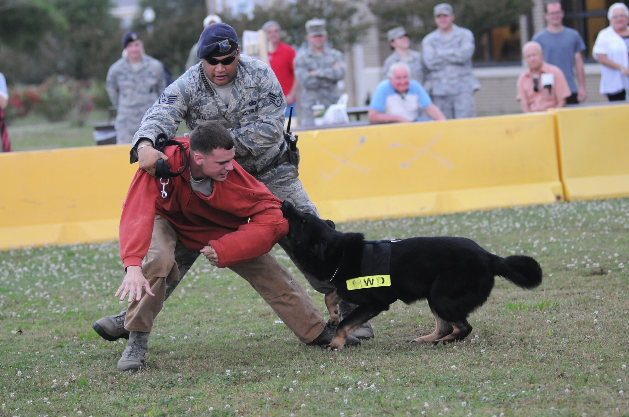 Staff Sgts. Stephen Nores and Tony Neal, 81st Security Forces Squadron, and military working dog Ares, conduct a K9 demonstration to enhance awareness of law enforcement duties and programs May 14, 2014, in front of the base exchange, Keesler Air Force Base, Miss.  The K9 demonstration was held in celebration of National Police Week, which recognizes the service of men and women who put their lives at risk every day. (U.S. Air Force photo by Kemberly Groue)