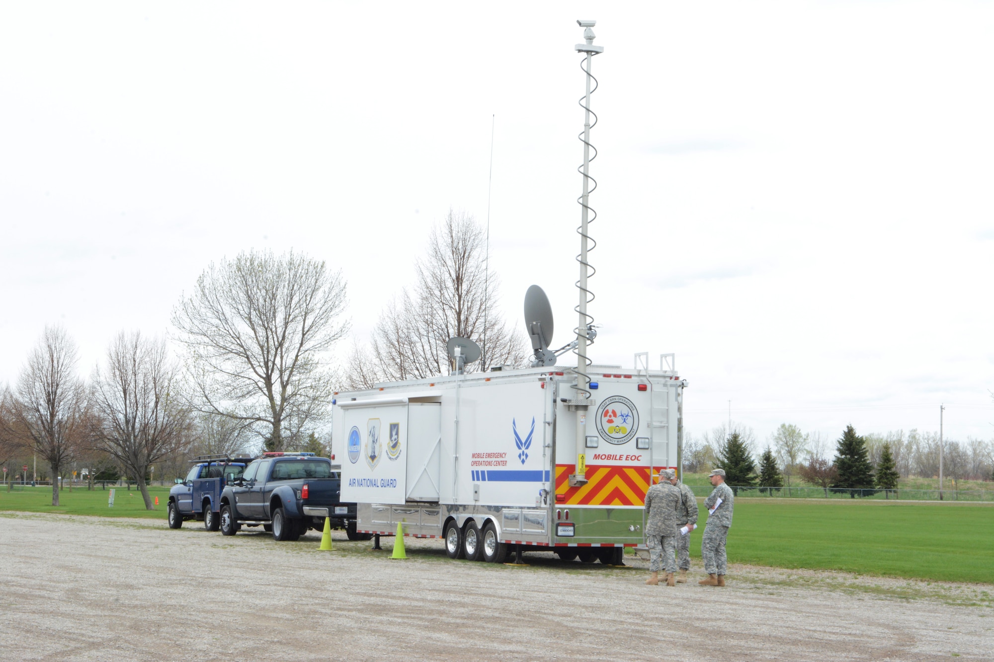 The Air National Guard’s Mobile Emergency Operations Center was brought in from Peoria, Ill. for the 2014 State Interoperable Mobile Communications Exercise in the parking lot of the Sunnyview Exposition Center in Oshkosh, Wis., May 15, 2014. The MEOC serves as a go-to should anyone have trouble making their radio communication connections. (Air National Guard photo by Senior Airman Andrea F. Liechti)