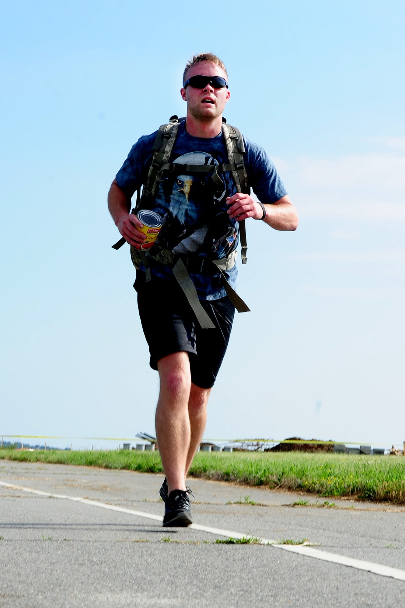 U.S. Air Force Senior Airman Steven Power, 633rd Logistics Readiness Squadron unit program coordinator, participates in the Rucking for Veterans 5K at Langley Air Force Base, Va., May 17, 2014. Approximately 65 individuals participated, raising $837 which will support the Wounded Warrior Project.  (U.S. Air Force photo by Airman 1st Class Areca T. Wilson/Released)