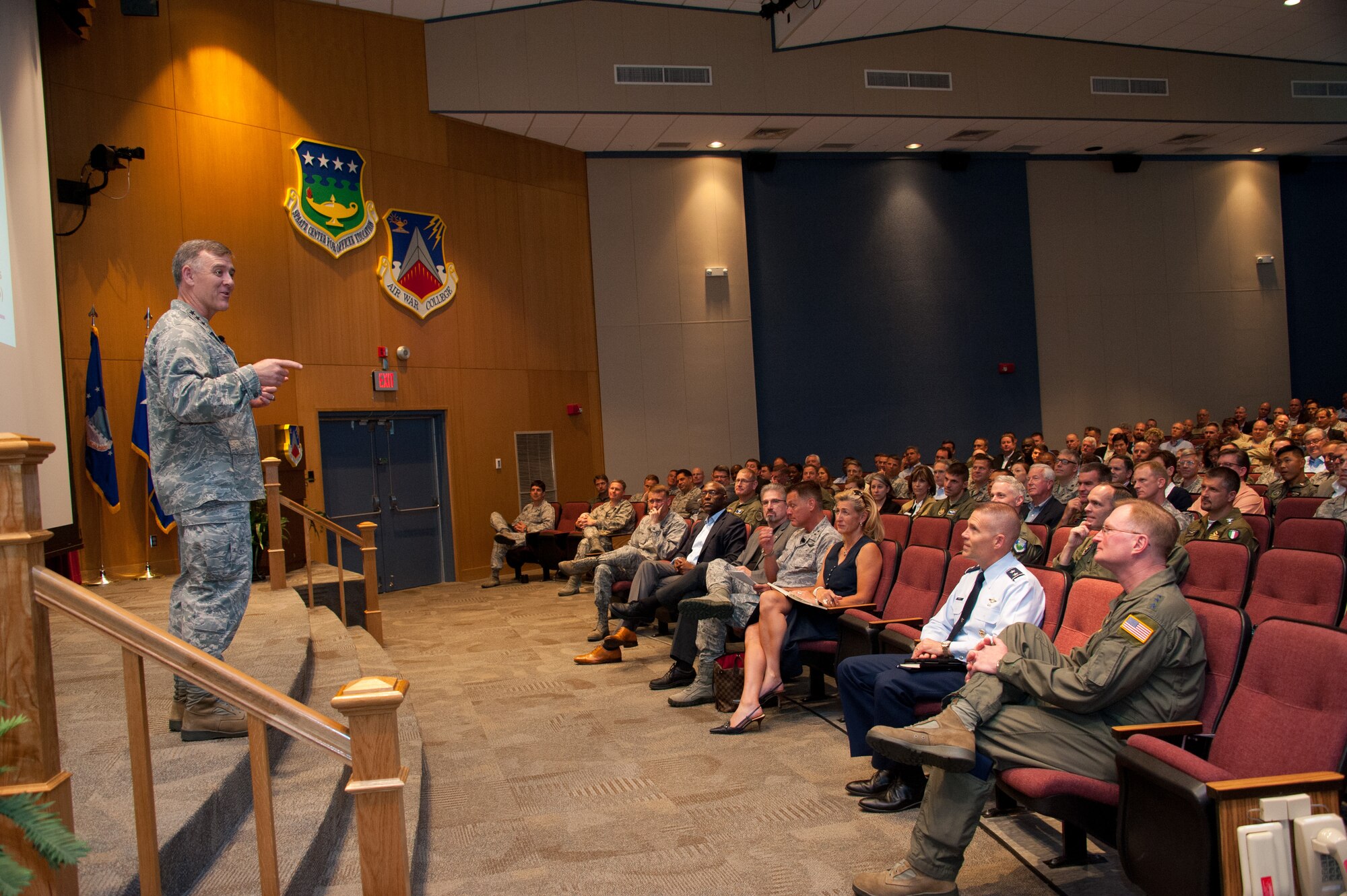 Lt. Gen. Burt Field, Headquarters U.S. Air Force, Washington, D.C., deputy chief of staff for operations, plans and requirements, provides the Capstone address to the 61st National Security Forum guests and Air War College class of 2014, May 8, 2014, at Maxwell Air Force Base, Ala.  (U.S. Air Force photo/Melanie Rodgers Cox)