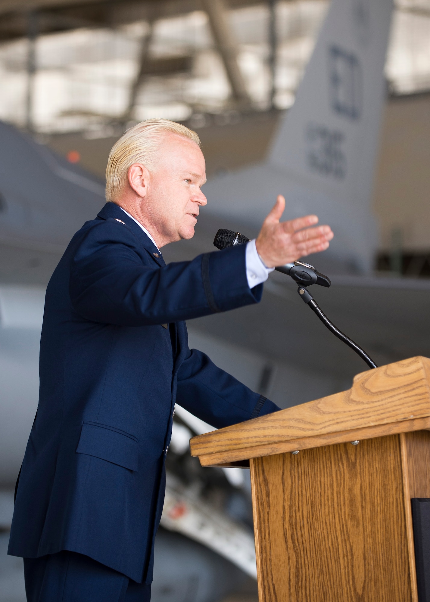 Lt. Col. Joshua S. Davies speaks to members of the 370th Flight Test Squadron following the squadron's change of command May 15 in Hangar 1207. Davies takes over from Lt. Col. Patrick Dulaney. (U.S. Air Force photo by Ethan Wagner)