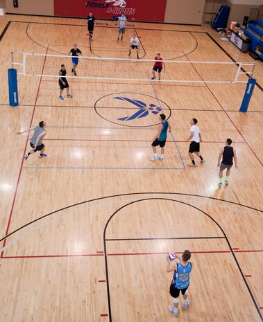 Athletes participate in the 2014 Air Force Men’s Volleyball Team training camp at the Warrior Fitness Center May 16 at Nellis Air Force Base Nev. The athletes who prove themselves during the camp will go on to compete on the Air Force Men’s Volleyball Team during the Nationals tournament to be held later this year. (U.S. Air Force photo by Senior Airman Timothy Young)
