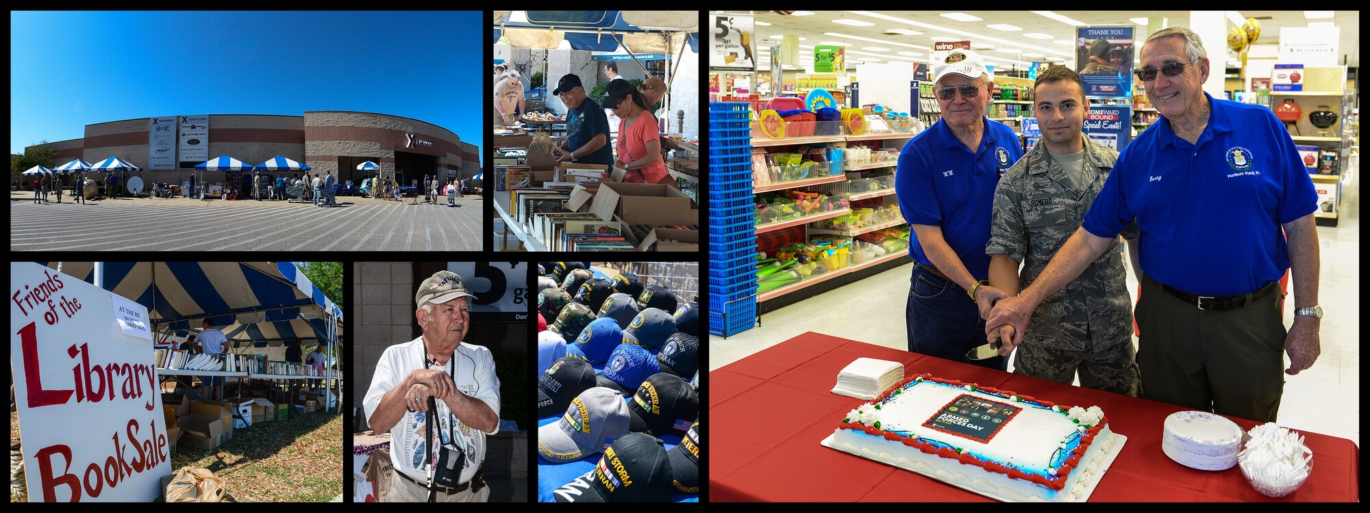 Current and former service members participate in Retiree Appreciation Day at the base exchange and commissary on Hurlburt Field, Fla., May 16 and 17, 2014.  Sidewalk sales, free bowling, squadron display tents, and discounted golf were available to retirees, veterans and Department of Defense ID card-holders. (U.S. Air Force photo layout/Airman 1st Class Jeff Parkinson) 