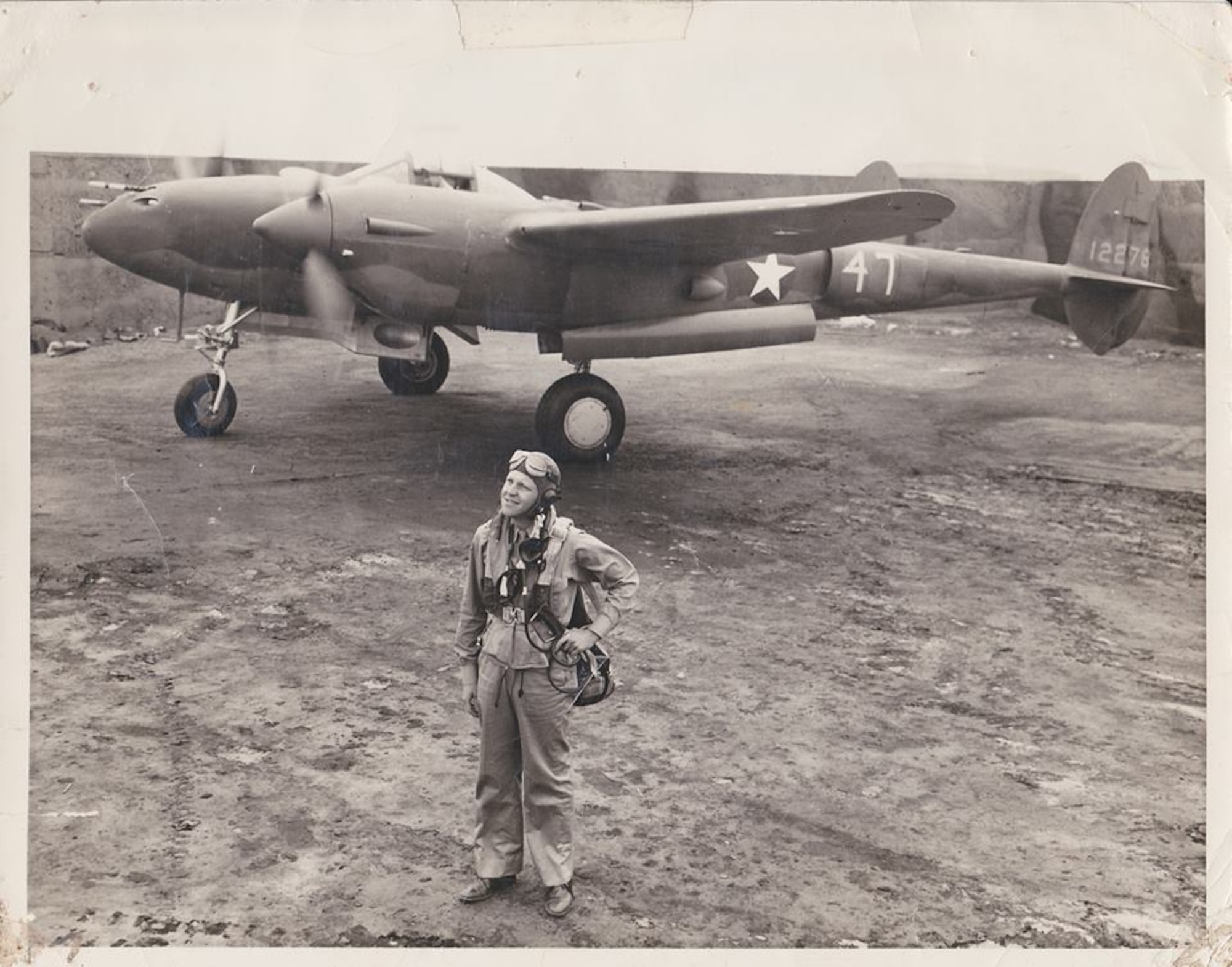 Maj. Bob Kirtley stands in front of his P-38 at Mines Field, now Los Angeles International Airport, before the 95th Fighter Squadron shipped off to Europe in WWII. (U.S. Air Force courtesy photo)
