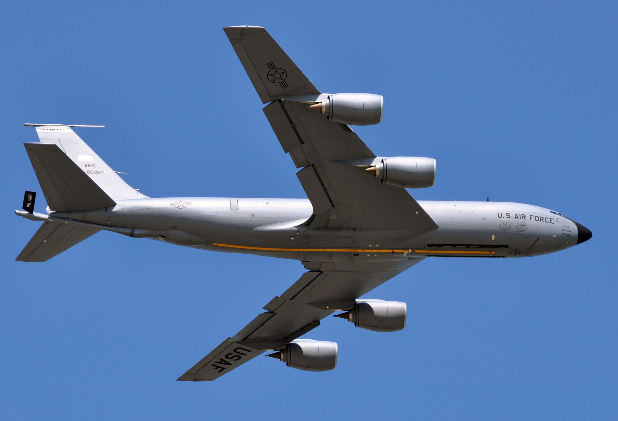 A KC-135 Stratotanker soars through the air above McConnell Air Force Base, Kan.  The KC-135 Stratotanker provides the core aerial refueling capability for the U.S. Air Force, and has been performing in this role for more than 50 years. (U.S. Air Force photo by Capt. Zach Anderson)