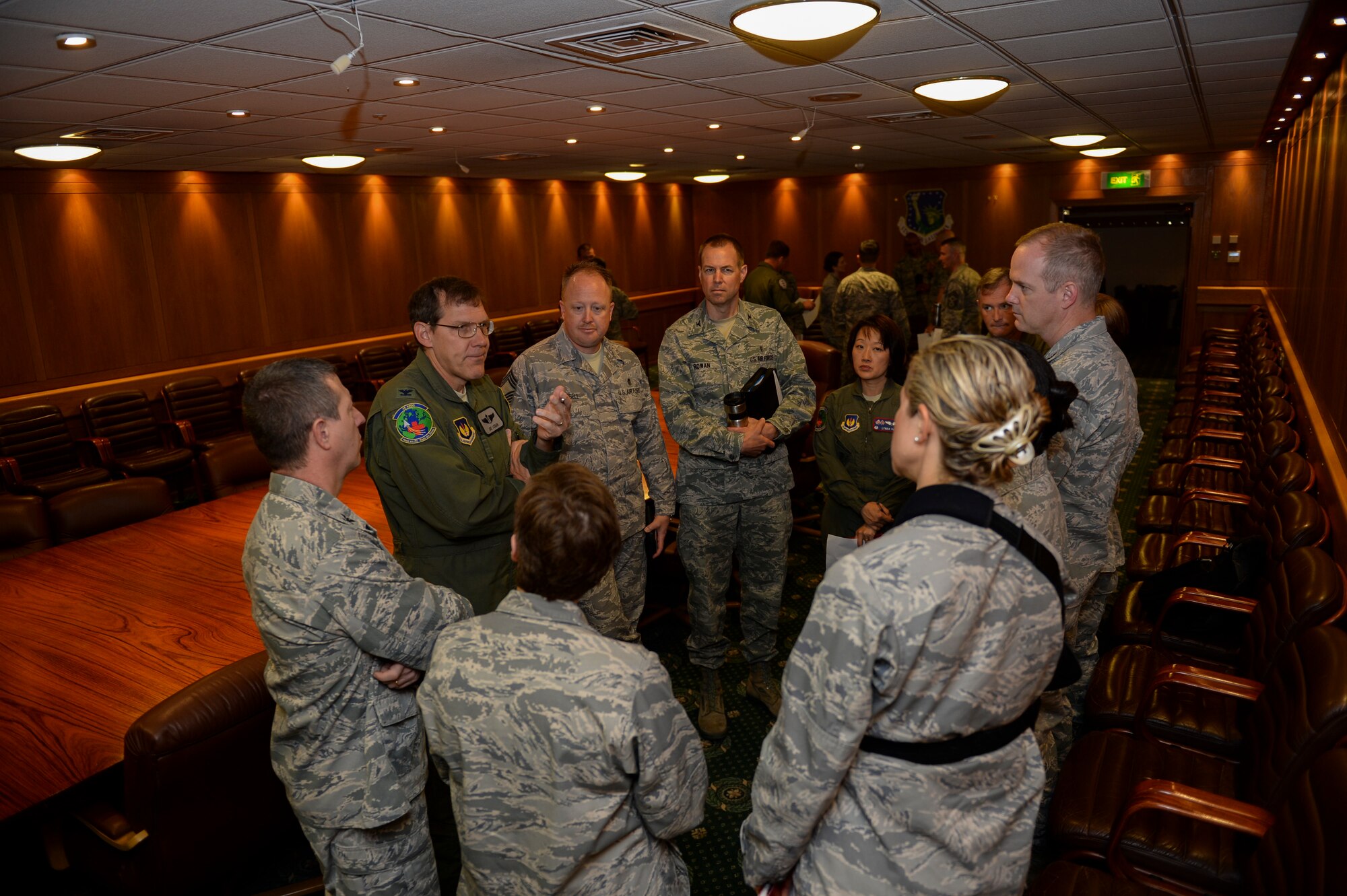 Col. Joseph Legan, 48th Medical Group commander, discusses the 48th Fighter Wing’s Unit Effectiveness Inspection results with 48th MDG squadron commanders on Royal Air Force Lakenheath, England, May 19, 2014. The two-year UEI ultimately resulted in an overall rating of ‘Highly Effective’ for RAF Lakenheath. (U.S. Air Force photo by Airman 1st Class Nigel Sandridge/Released)