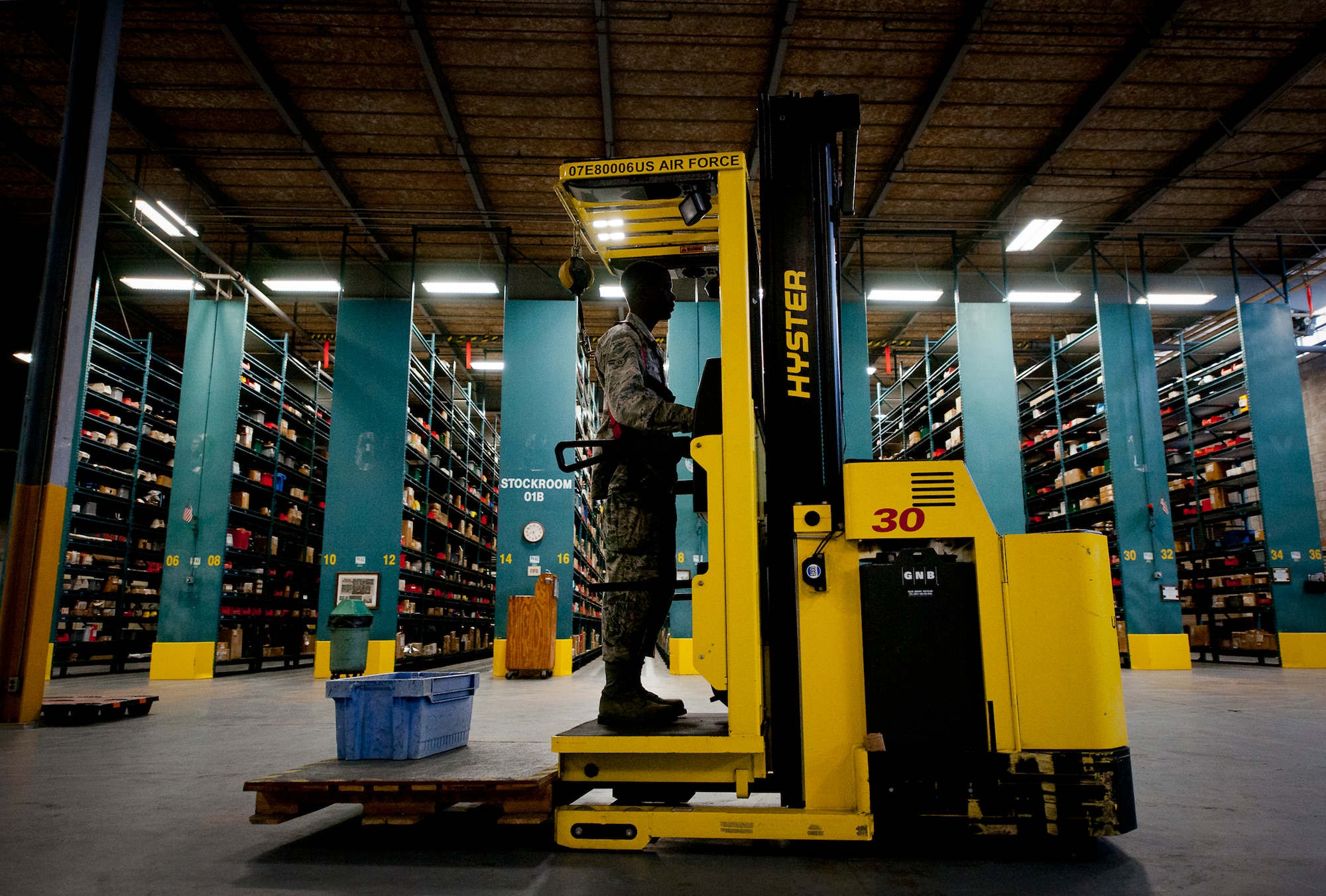 Airman 1st Class Romario Martin, of the 325th Logistics Readiness Squadron, trains on the Hyster lifter at the 96th Logistics Readiness Squadron’s supply warehouse May 15 on Eglin Air Force Base, Fla.  Martin is one of 13 LRS Airmen from Tyndall AFB receiving hands-on skills training from the materiel management flight’s “Supply University.”  After their month-long training, they’ll transition to a newly formed supply unit back at Tyndall.  (U.S. Air Force photo/Samuel King Jr.)