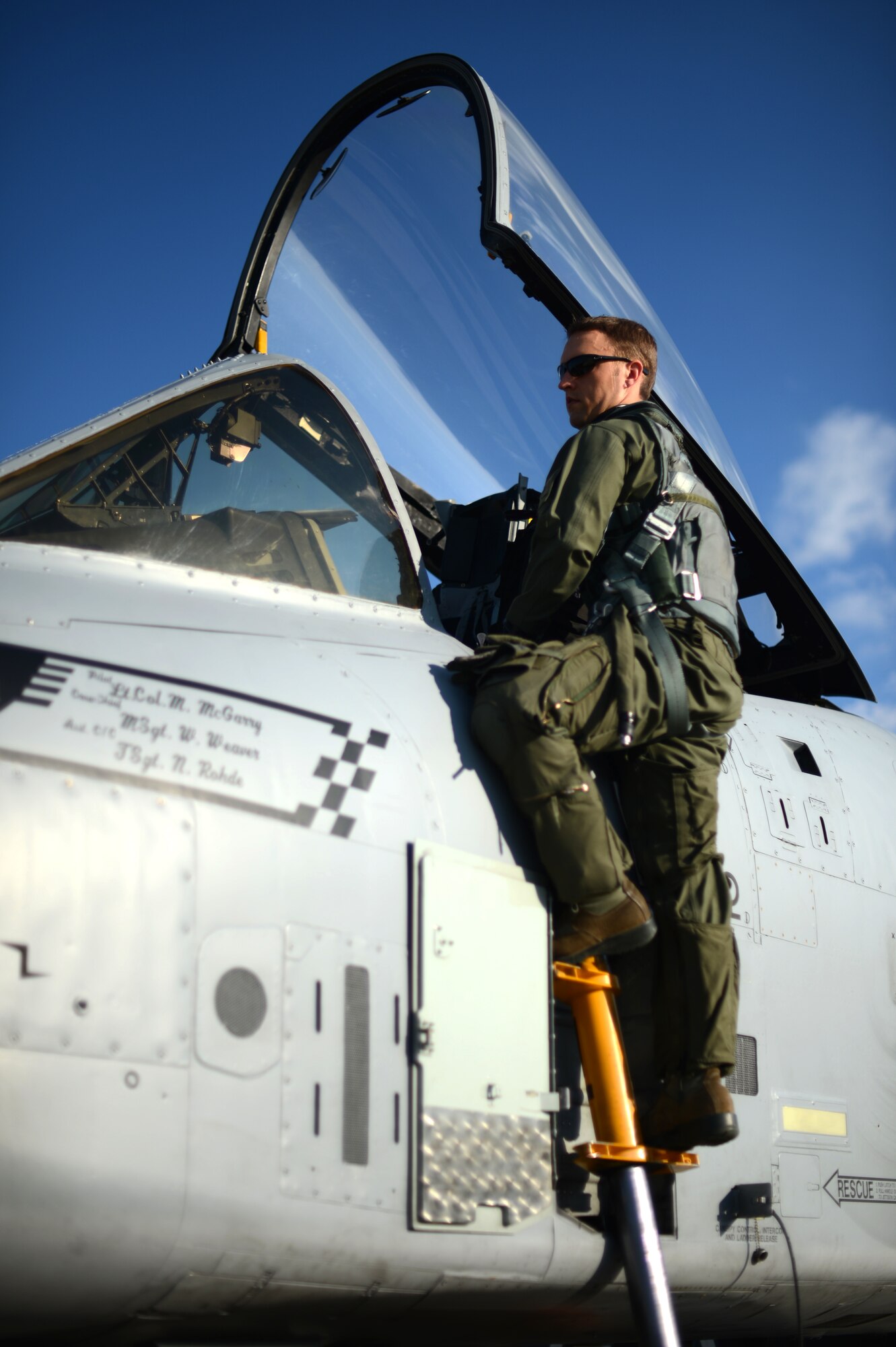 U.S. Air Force Capt. Tom Silkowski, 190th Fighter Squadron pilot from Bozrah, Conn., exits a U.S. Air Force A-10 Thunderbolt II attack aircraft on the flightline at Spangdahlem Air Base, Germany, May 16, 2014. Aircraft from the 190th FS arrived in Germany to support Exercise Combined Resolve II. The exercise focuses on training with NATO allies to bring close air support application to real-world scenarios. (U.S. Air Force photo by Senior Airman Gustavo Castillo)