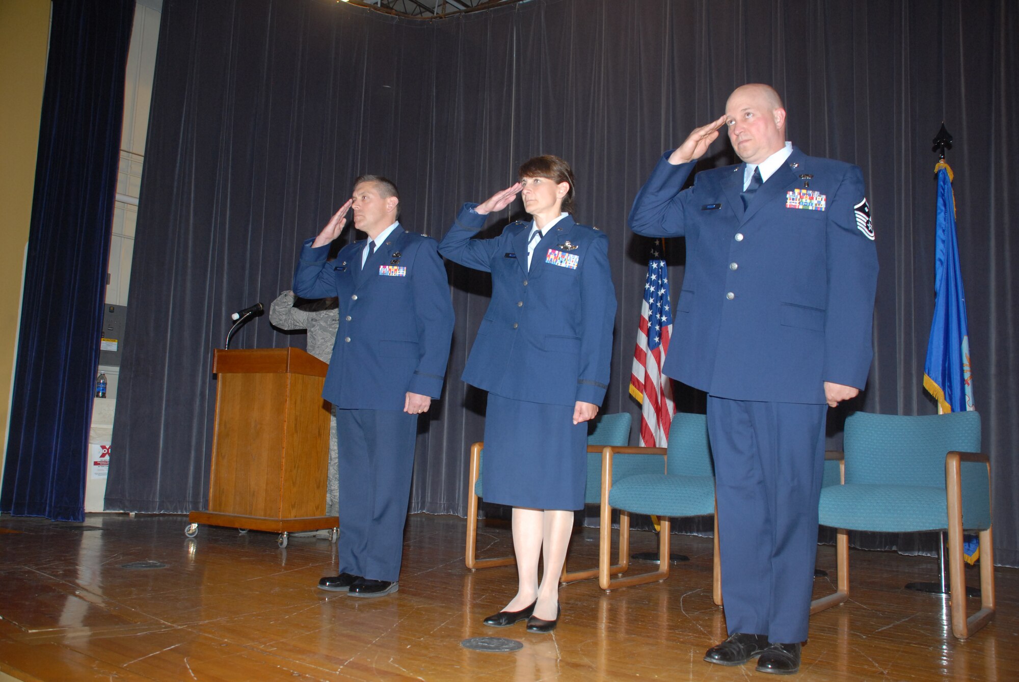 Lt. Col. Deanna Miller took command of the 70 member 107th Logistics Readiness Squadron in an Assumption of Command ceremony here Saturday. May 17, 2014 (U.S. Air National Guard photo/ Senior Airman Daniel Fravel)
