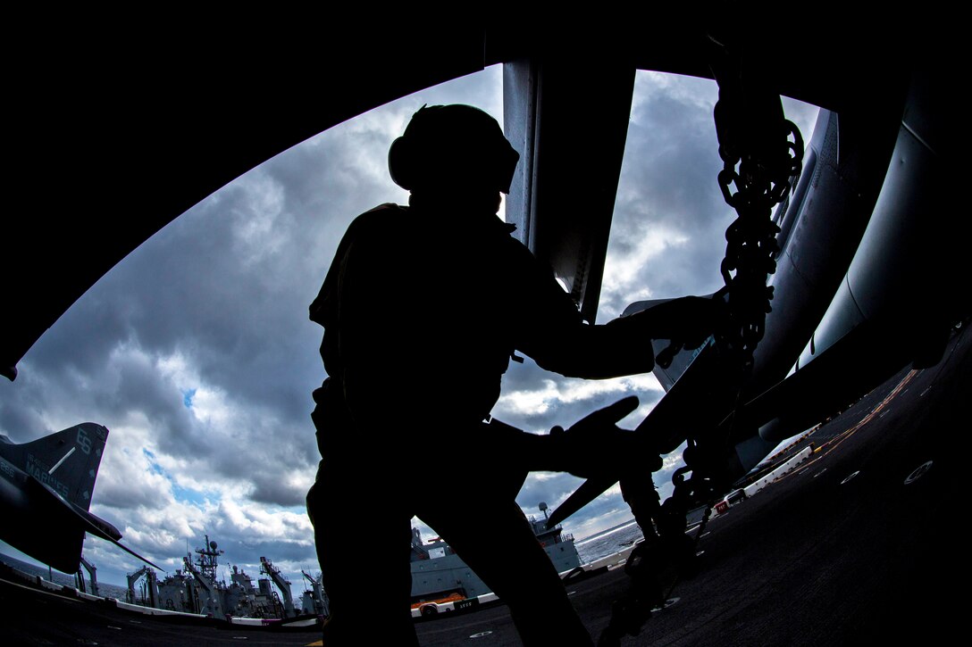 U.S. Marine Corps Lance Cpl. Martin Duncan inspects an AV-8B Harrier on the flight deck of the amphibious assault ship USS Kearsarge in the Atlantic Ocean, March 14, 2013. The Kearsarge is deployed as part of the Kearsarge Amphibious Ready Group with embarked Marines assigned to the 26th Marine Expeditionary Unit supporting maritime security operations and theater security cooperation efforts in the U.S. 5th and 6th Fleet areas of responsibility.  
