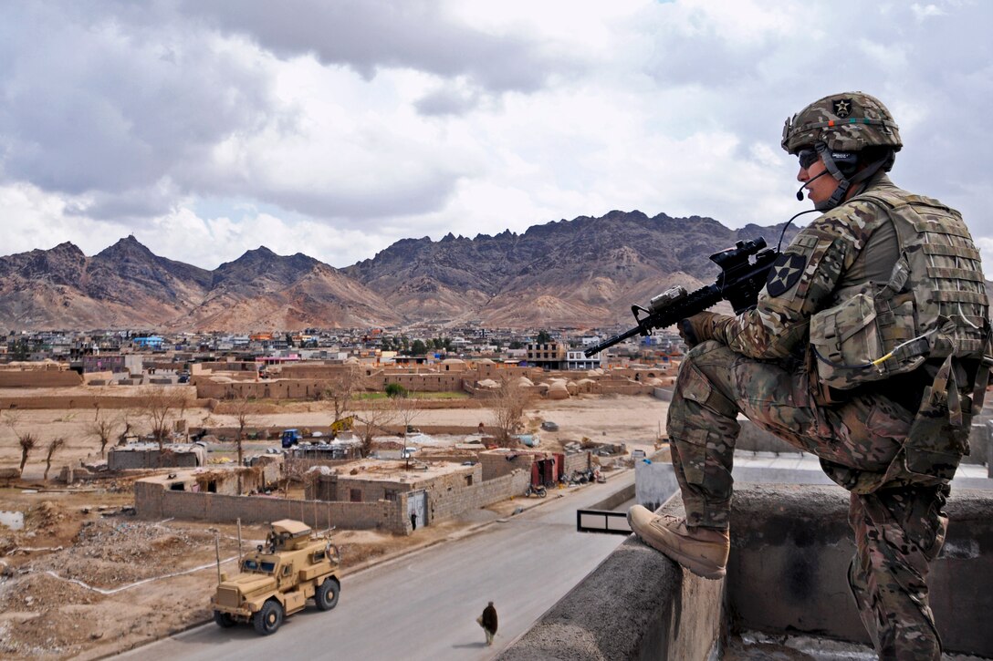 U.S. Army 1st Lt. Robert Wolfe provides rooftop security during a meeting in Farah City, Afghanistan, Feb. 25, 2013. Wolfe, a platoon leader, is assigned to Provincial Reconstruction Team Farah. 
