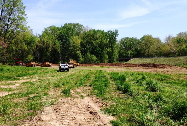 Excavation work of the mitigated land along Piasa Creek. The U.S. Army Corps of Engineers St. Louis District acquired 74-acres of land adjoining the upper portion of Piasa Creek in Madison County, Ill., for wetland restoration and habitat enhancement.