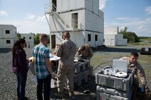 Service members simulating noncombatant evacuees go through a checkpoint manned by Marines conducting the evacuation control center (ECC) at a training facility for military operations in urban terrain aboard Marine Corps Base Quantico, Va., May 13, 2014. The exercise included more than 100 Marines and sailors from Combat Logistics Battalion 2, 2nd Marine Logistics Group, II Marine Expeditionary Force serving as administrators, role players and security personnel.   (U.S. Marine Corps photo by Cpl. Shawn Valosin)