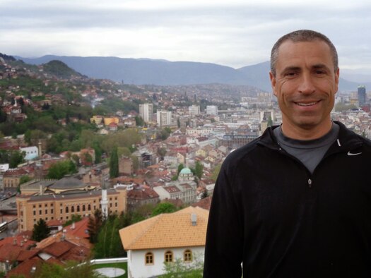 Col. Marcus Cranston in Sarajevo, Bosna and Herzegovina during a 44-country whirlwind event to benefit Parkinson's disease awareness.  Cranston is the 99th Medical Group director of medical education endocrinology and preventive medicine at Nellis Air Force Base, Nevada, and was diagnosed with Parkinson's disease in 2010 at the age of 44.